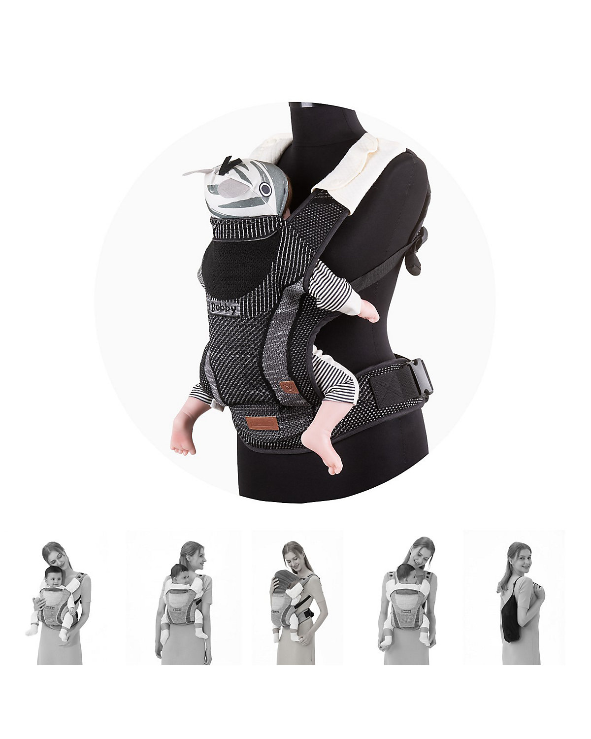Babytrage Bobby Fly Strickstoff 3 in 1, Bauch- Rückentrage, Hüftsitz Babytragen
