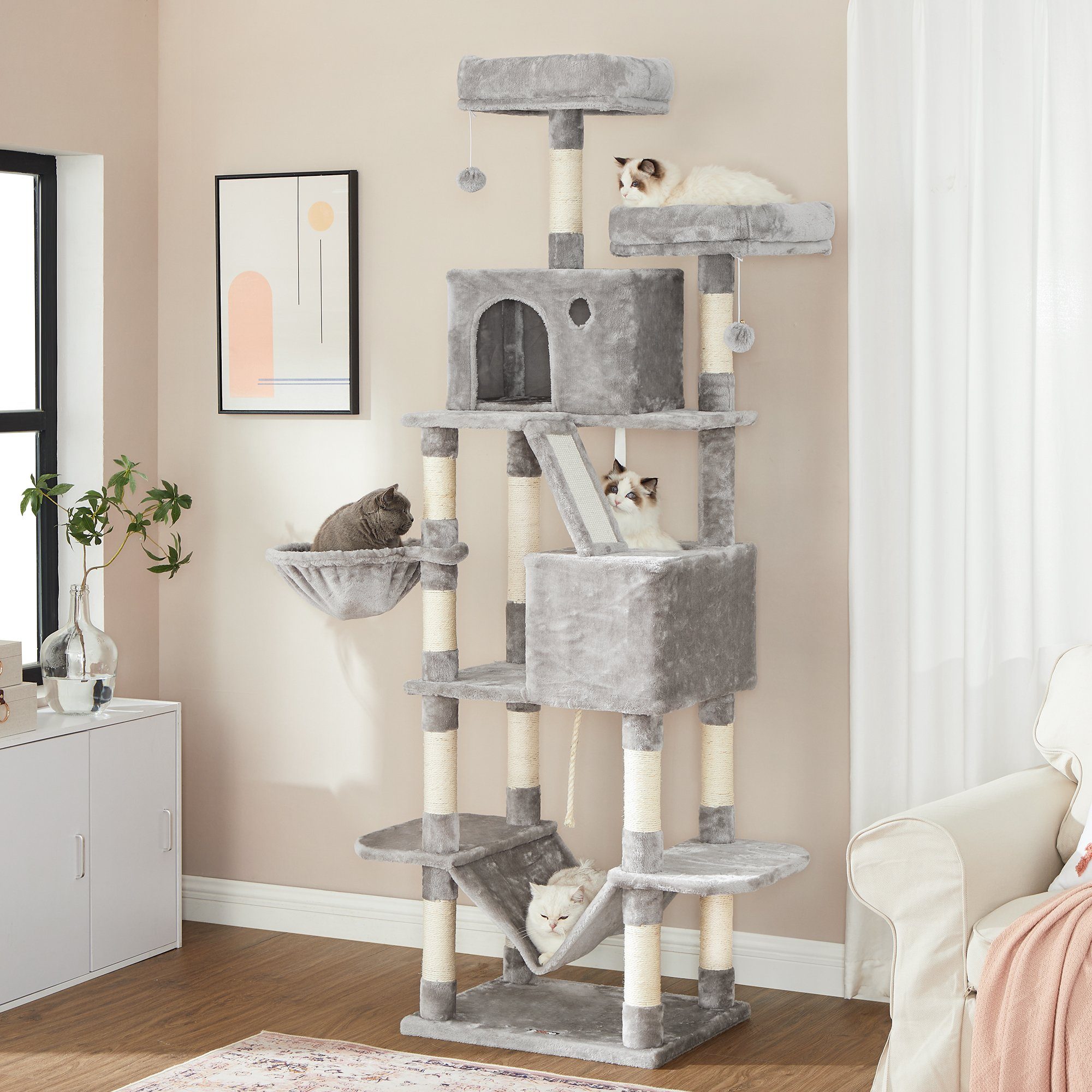 FEANDREA Kratzbaum, Katzenbaum,XXL,206cm hoch,verstärkter Sockel,Kippschutz