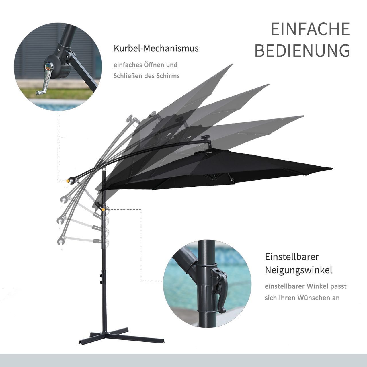 Outsunny Sonnenschirm mit Handkurbel Schwarz Ø3 x 2,5H m
