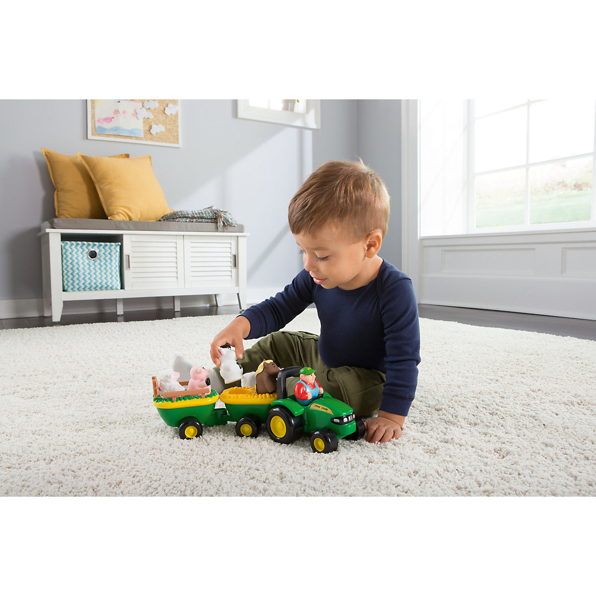 John Deere Heuwagen mit lustigen Tiergeräuschen