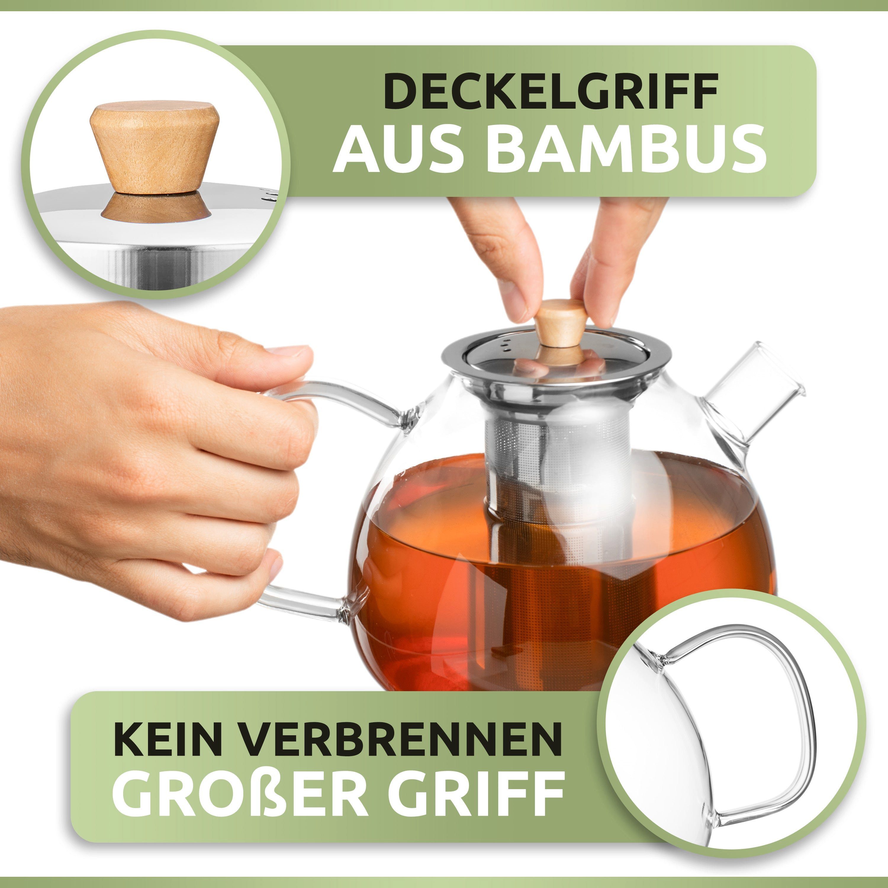 PORADA Teekanne Teekanne aus Glas 1000 ml Edelstahl Erhitzer Teesieb, Tee Teekocher, 1 l, (Set, x1 Tekanne 1000ml, x1 Erhitzer, x1 Teesieb, x1 Deckel), handarbeit, extra Erhitzer, Stövchen, Edelstahl, Borosilikatglas