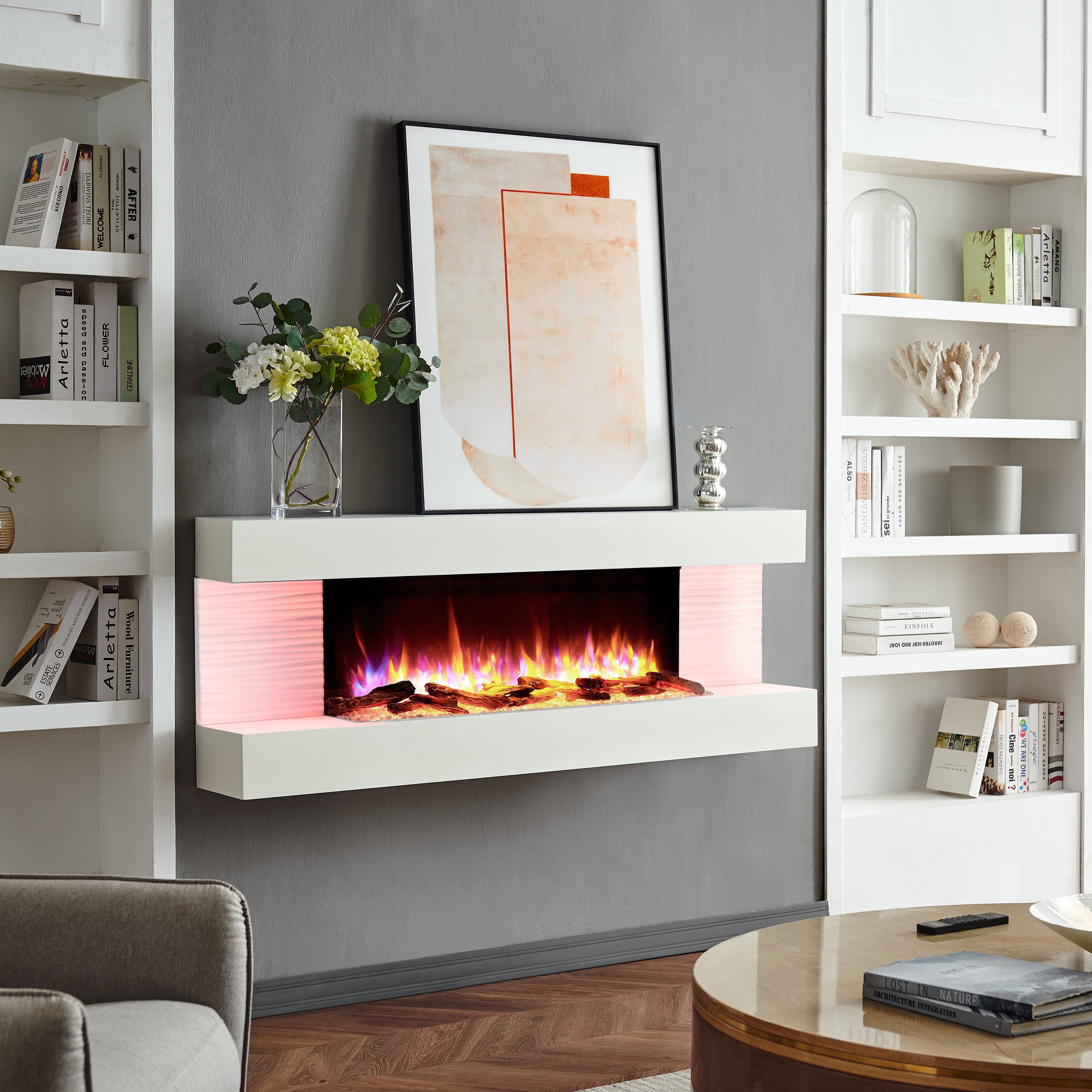 RICHEN Elektrokamin Hestia, Wandkamin mit Heizung 2000W, 3D-Flammeneffekt, LED-Beleuchtung, Fernbedienung, Timer, Thermostat