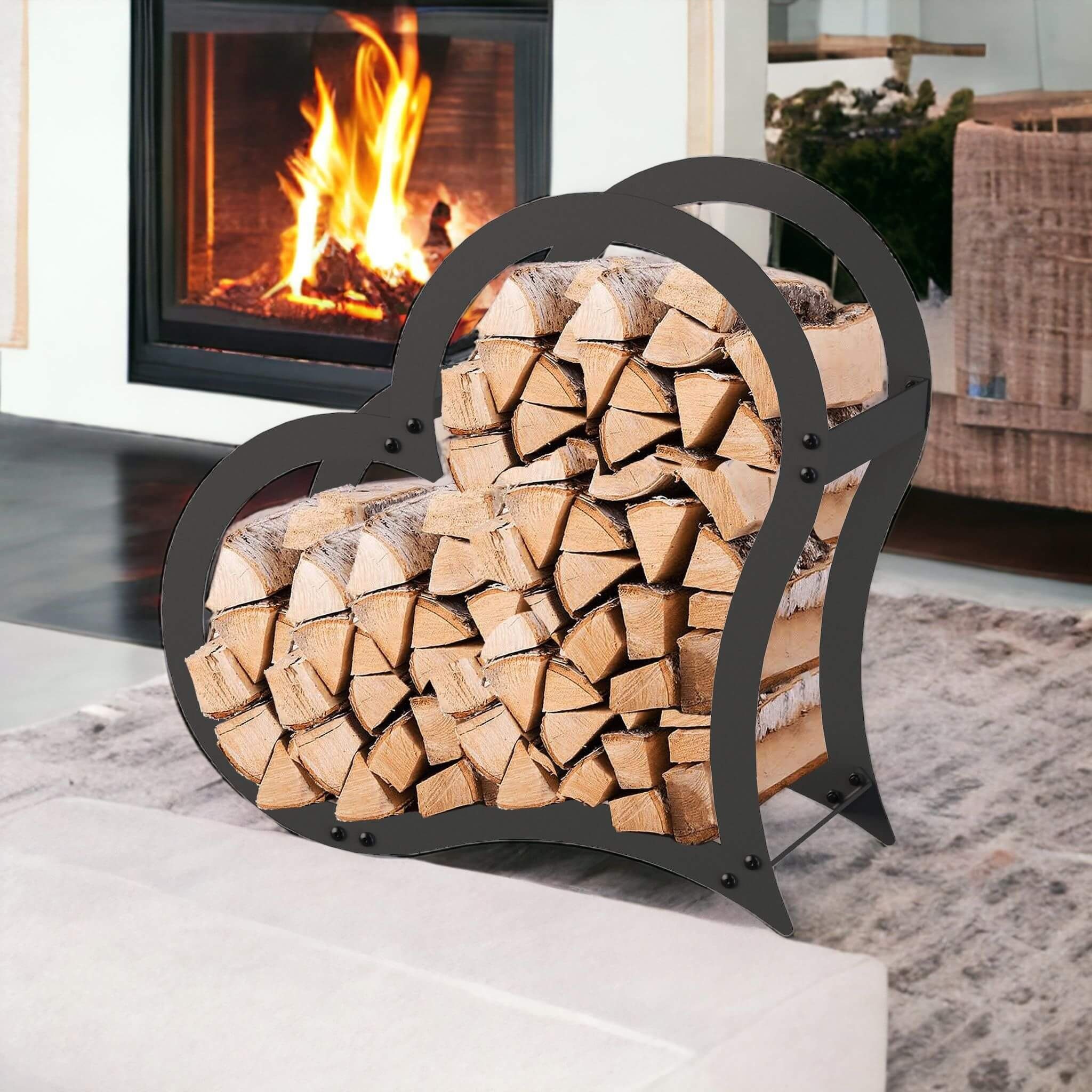 DanDiBo Kaminholzregal Kaminholzregal Metall Schwarz Stehend Herz 52 cm Kaminholzständer, Herzförmig und Freistehend