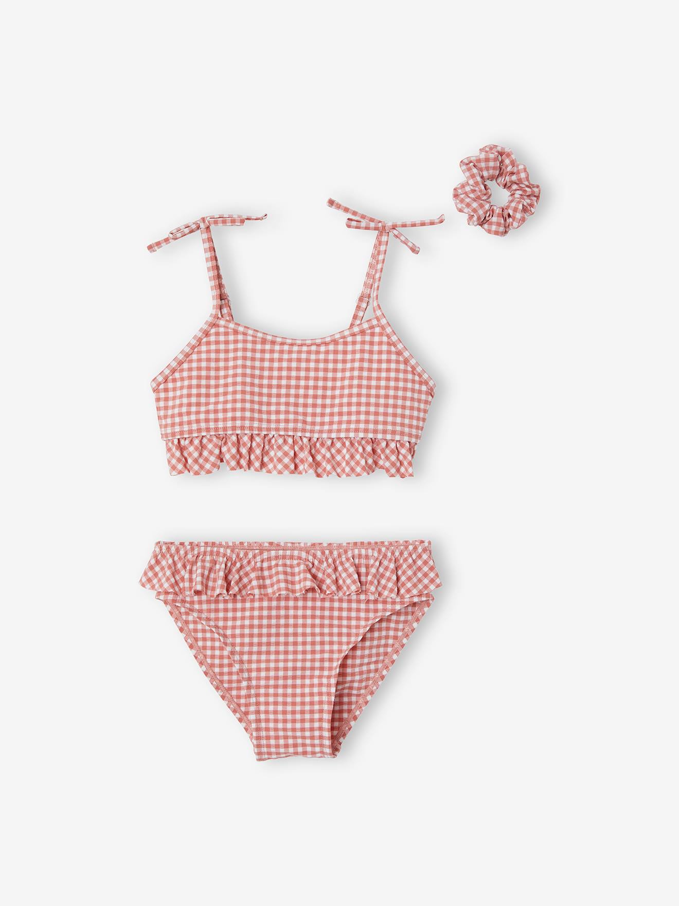 Maillot de bain 2 pièces imprimé vichy fille corail