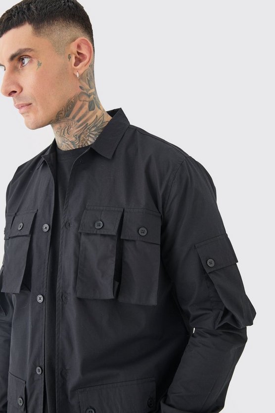 Tall langärmliges Hemd mit Utility-Taschen