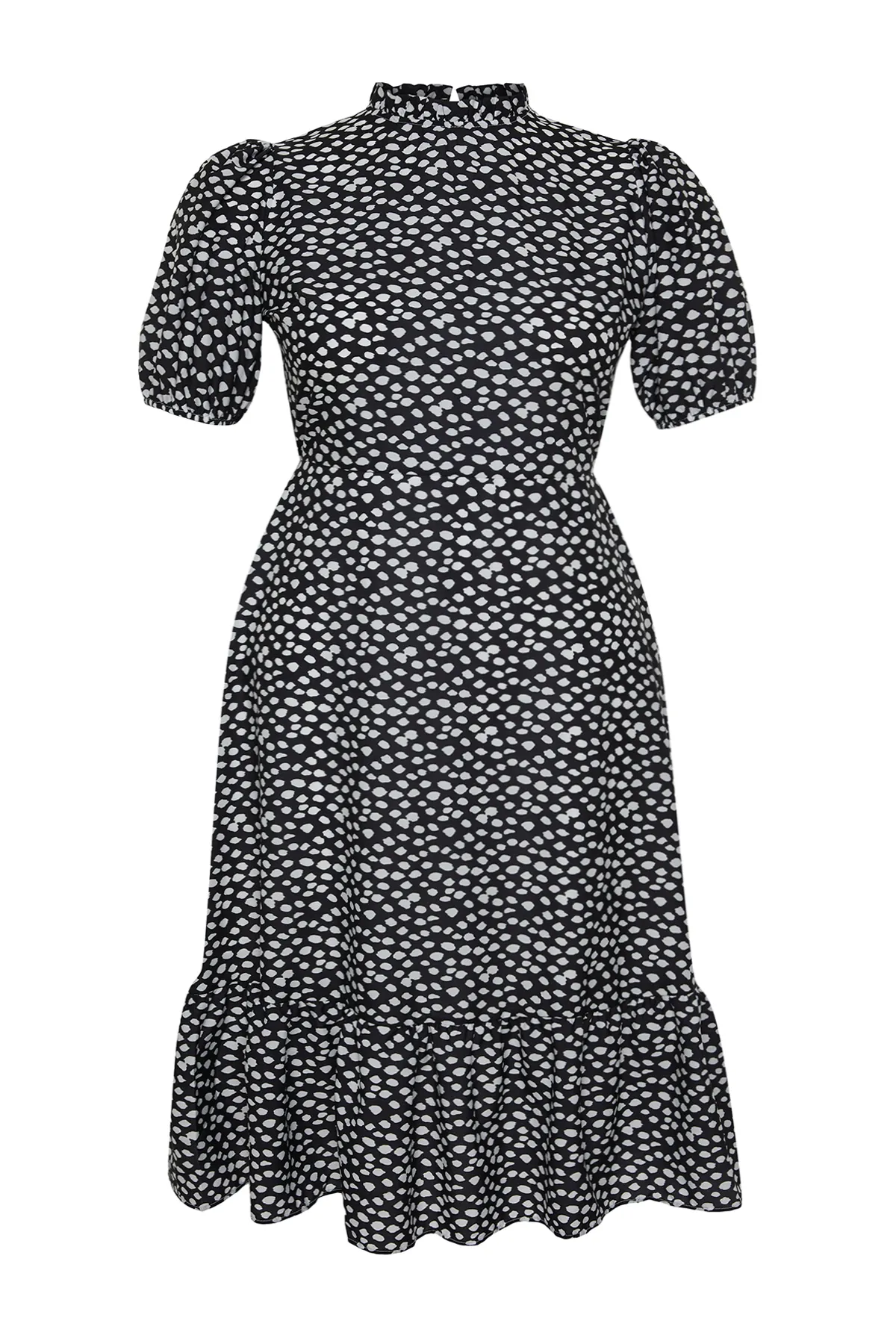 Trendyol Curve  Schwarzes gewebtes Kleid mit Stehkragen und Tiermuster TBBSS24AH00135