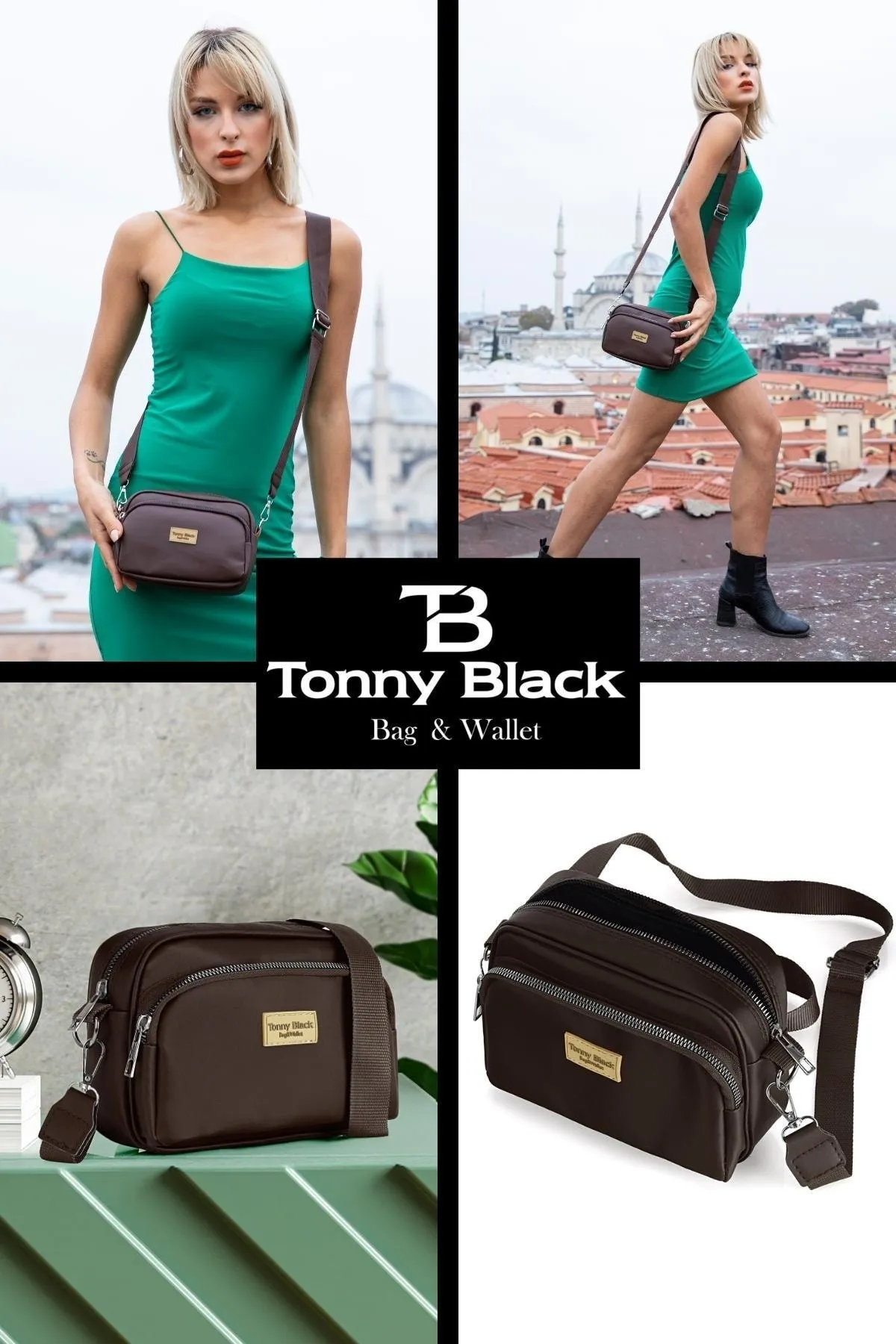 Tonny Black  Original Damen-Umhängetasche mit bequemem Säulengurt, diagonal verstellbarem Gurt und zwei Ösen, wasserdicht