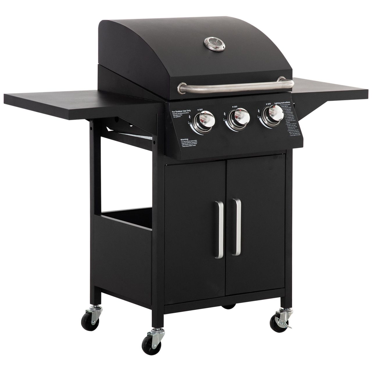 Outsunny Gasgrill BBQ mit 3 Brennern je 3 kw mobiler Grillwagen mit 4 Rädern Grillnetz Seitentischen Druckminderer Schläuche Schrank Multifunktion Stahl Schwarz 121 x 55 x 109 cm