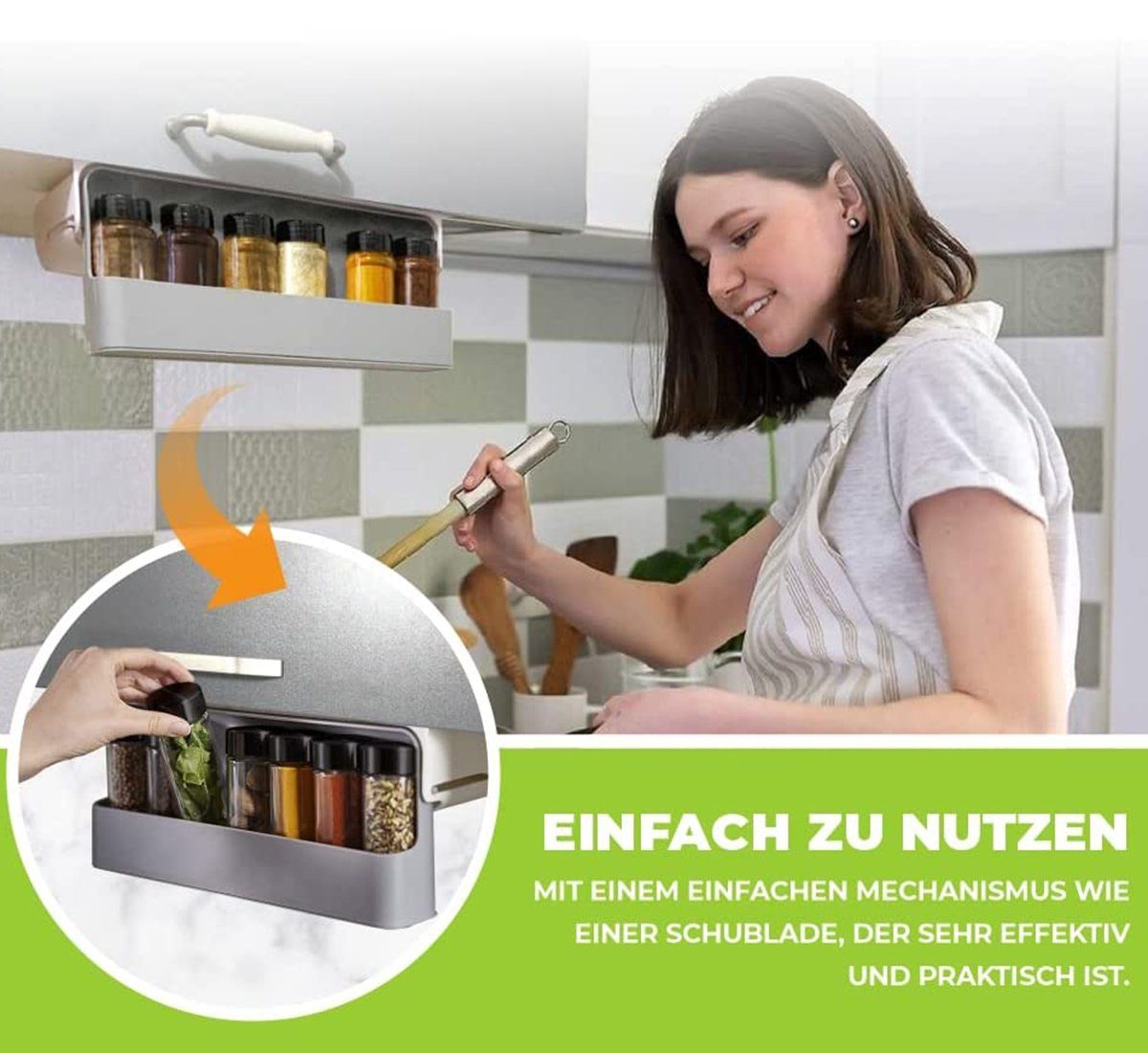 Haiaveng Gewürzregal Gewürzregal Schublade,Gewürzregal ausziehbar, Gewürzregal Mit 6 Gewürzgläsern,ohne bohren