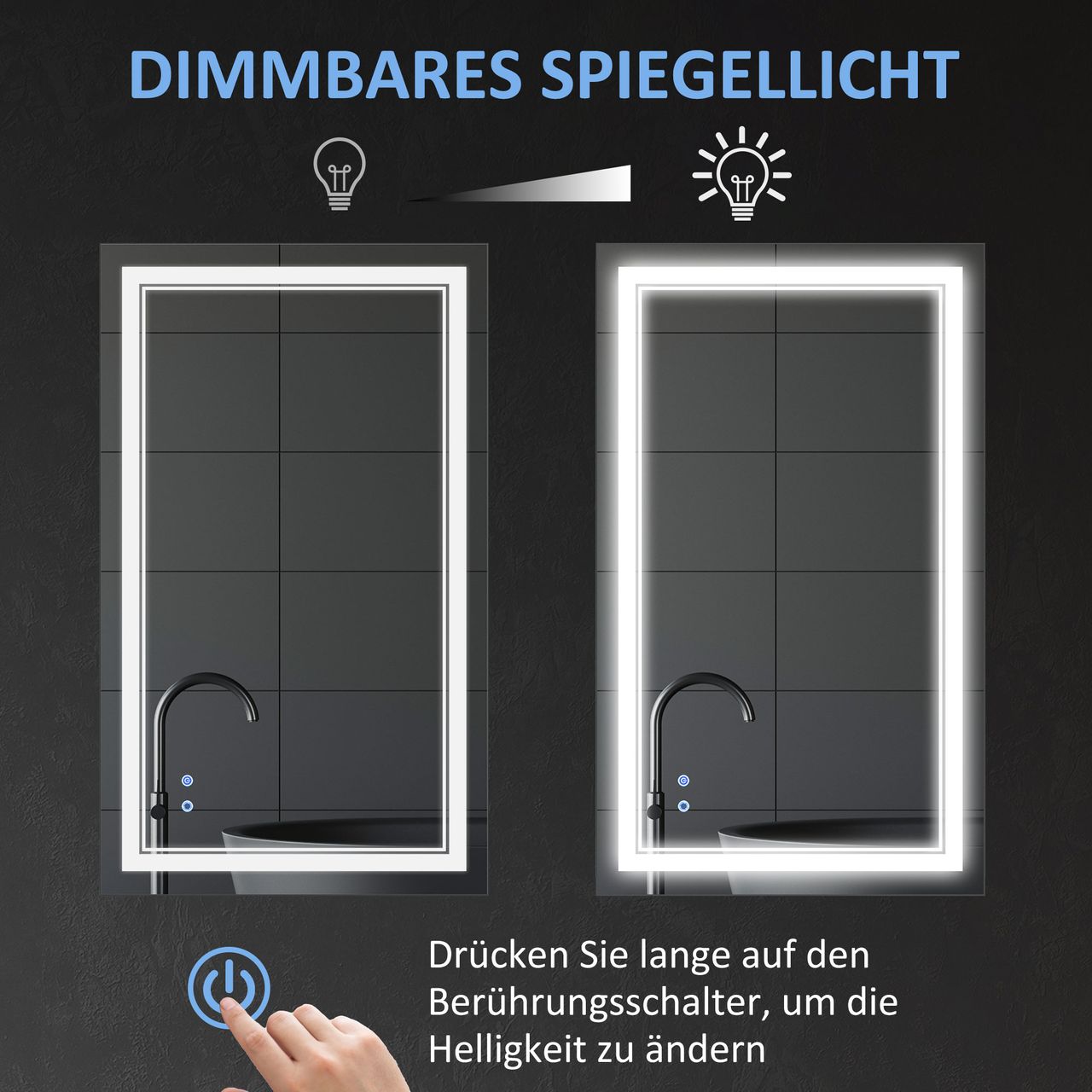 kleankin Badspiegel Badezimmerspiegel mit LED-Leuchte, Wasserdichter Wandspiegel