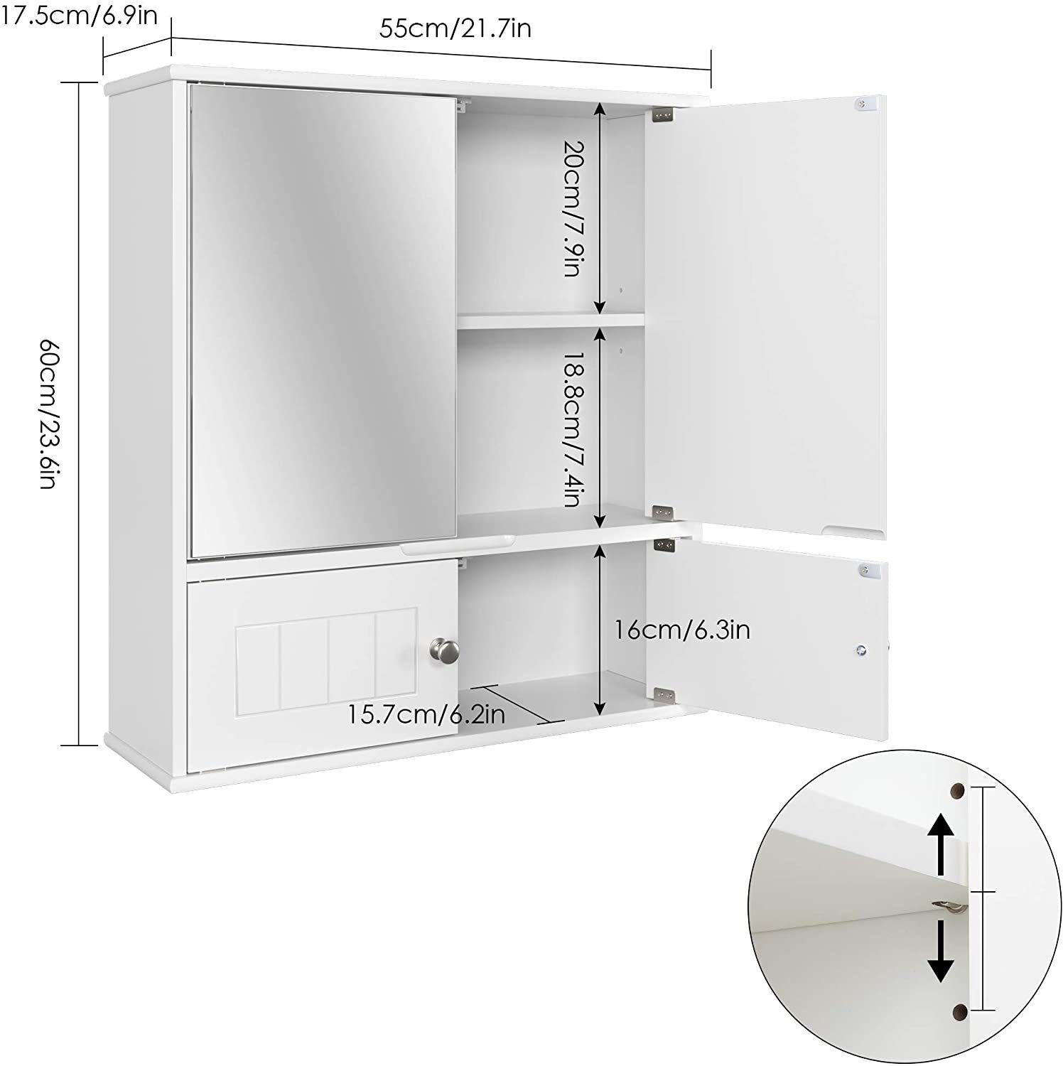 HOMECHO Badezimmerspiegelschrank Hängeschrank Weiß Badschrank mit Ablage
