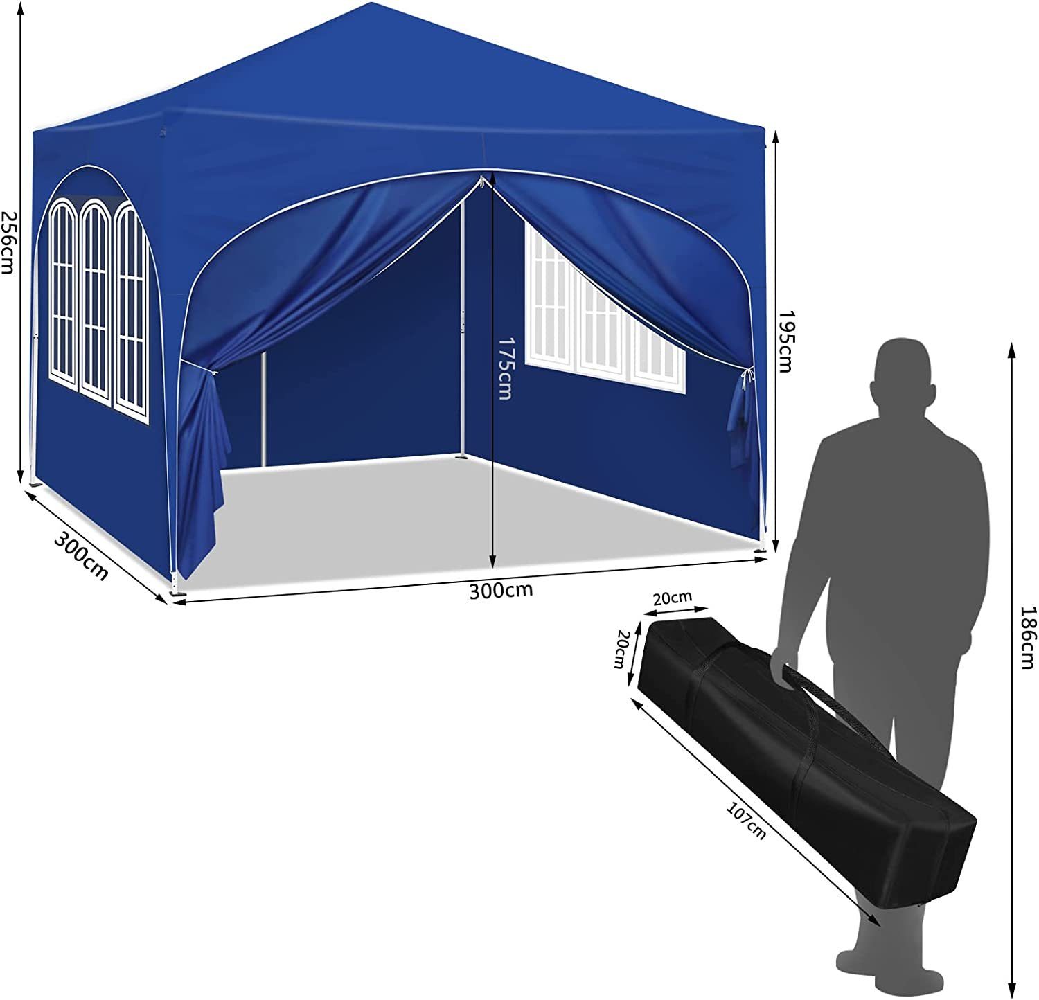 Woltu Faltpavillon, mit 4 Seitenteilen, 3x3 m, mit 4 Seitenwänden, höhenverstellbar