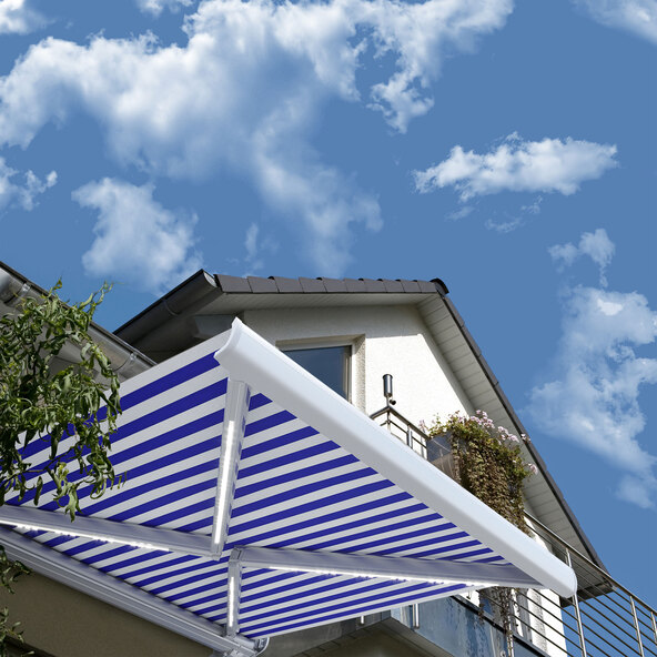 LED-Vollkassettenmarkise ELOS V2 inkl. Windsensor marineblau-weiß, 400 x 300 cm
