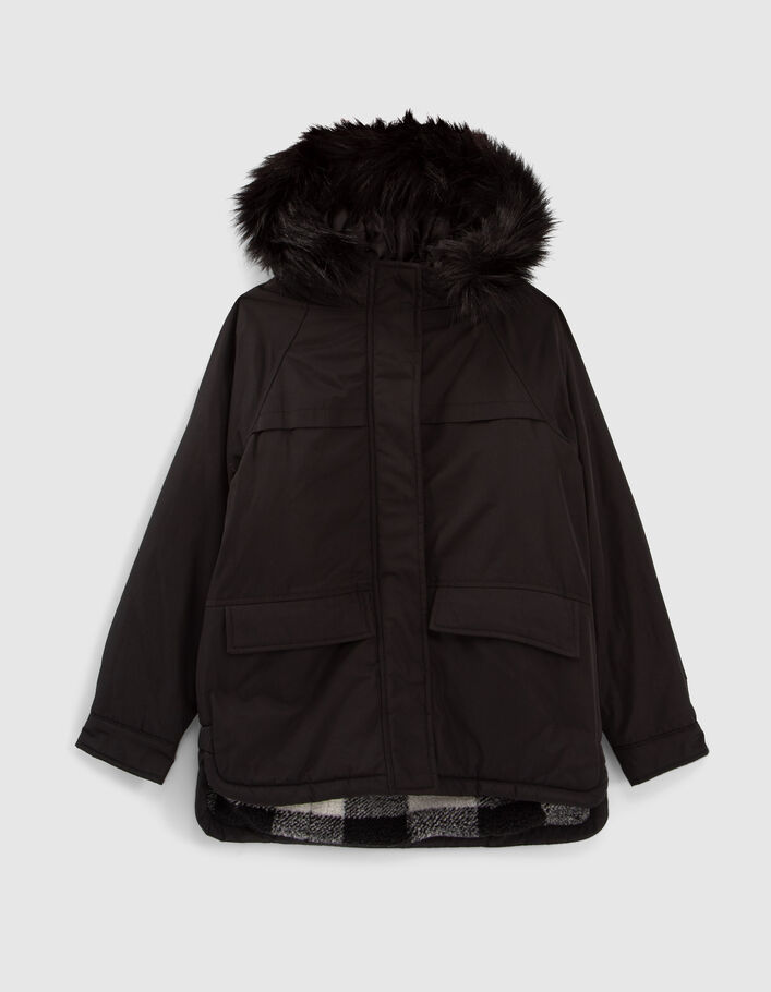 Parka noire fourrée Sherpa carreaux fille