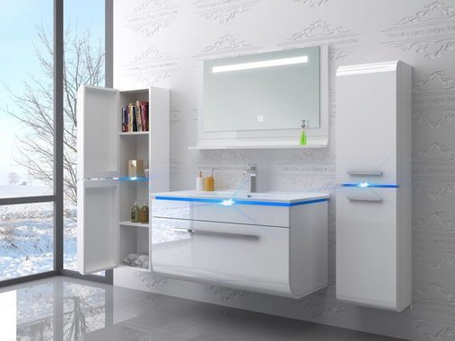 Homeline Badmöbel-Set Luxus Badmöbel Set montiert Weiß Hochglanz Lackiert 90 cm 5 tlg, (Set Angebot, 6-St., Besteht aus 6 Teile), Hochglanz Lackiert Vormontiert