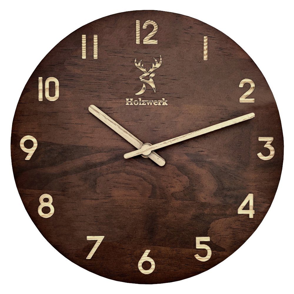 Holzwerk Wanduhr WINTERBERG aus robustem Holz in dunkelbraun, braun
