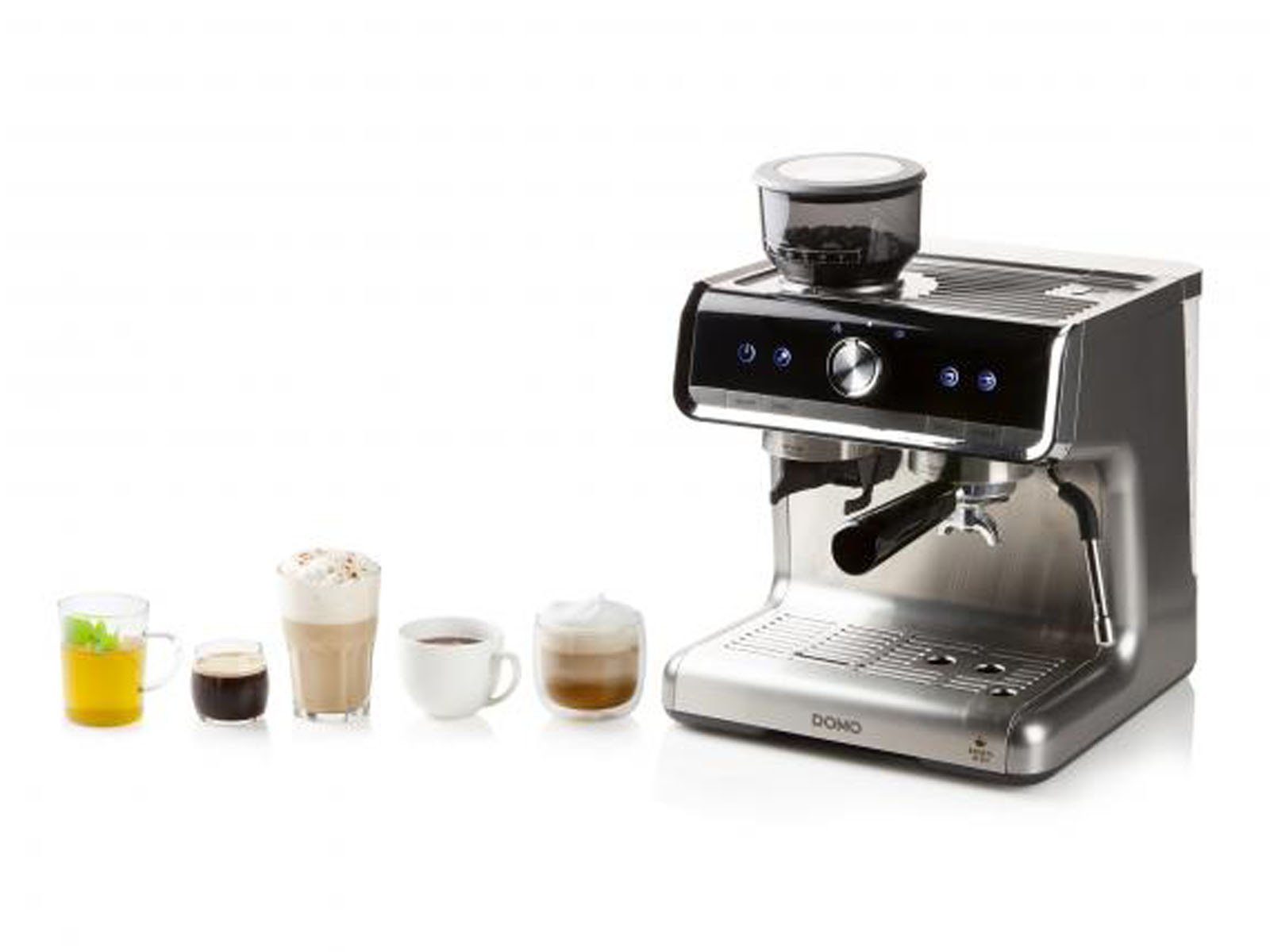 Domo Espressomaschine, Metallfilter, Siebträgermaschine mit Mahlwerk Milchschäumer & abnehmbaren Wassertank