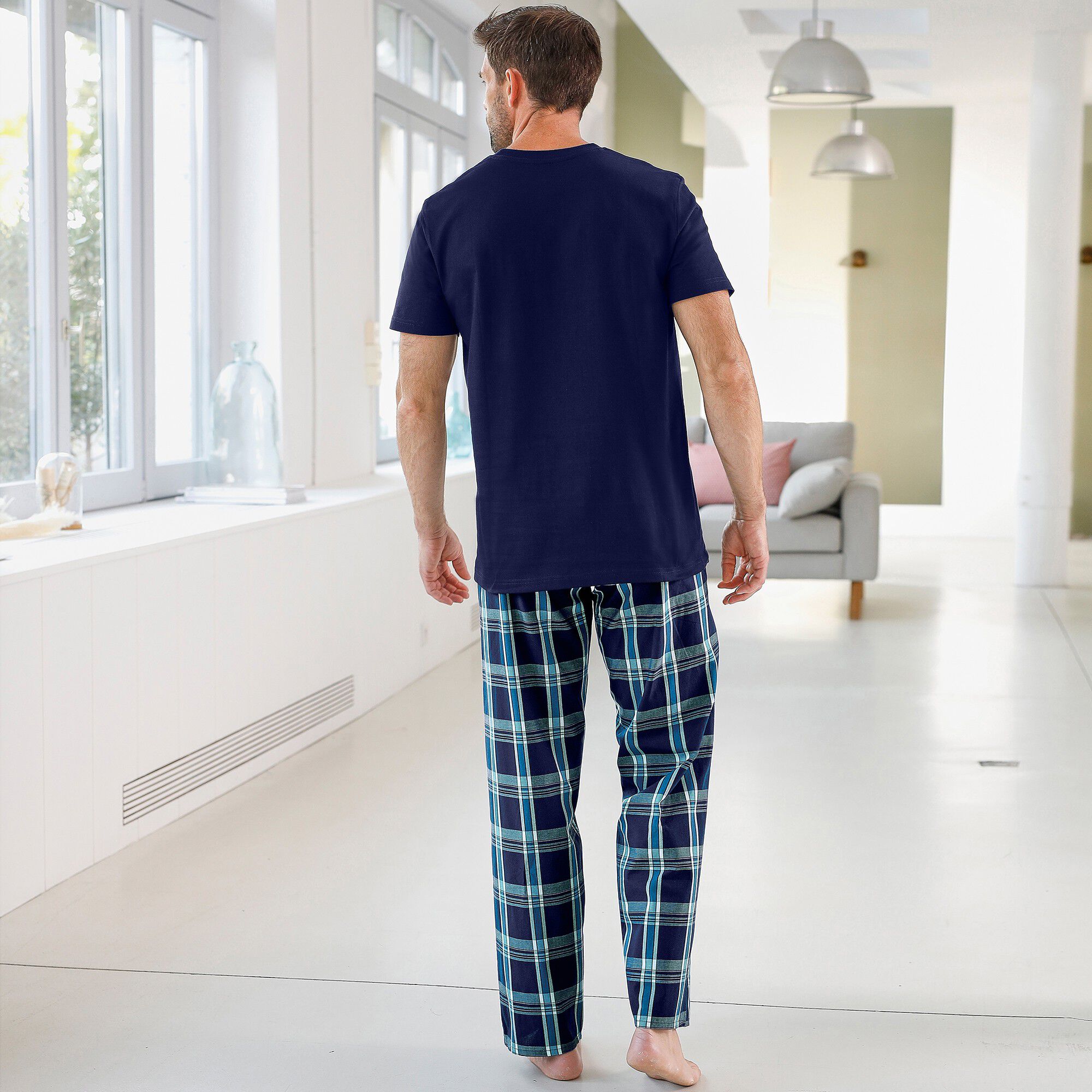 Pantalon pyjama uni + carreaux bas droits