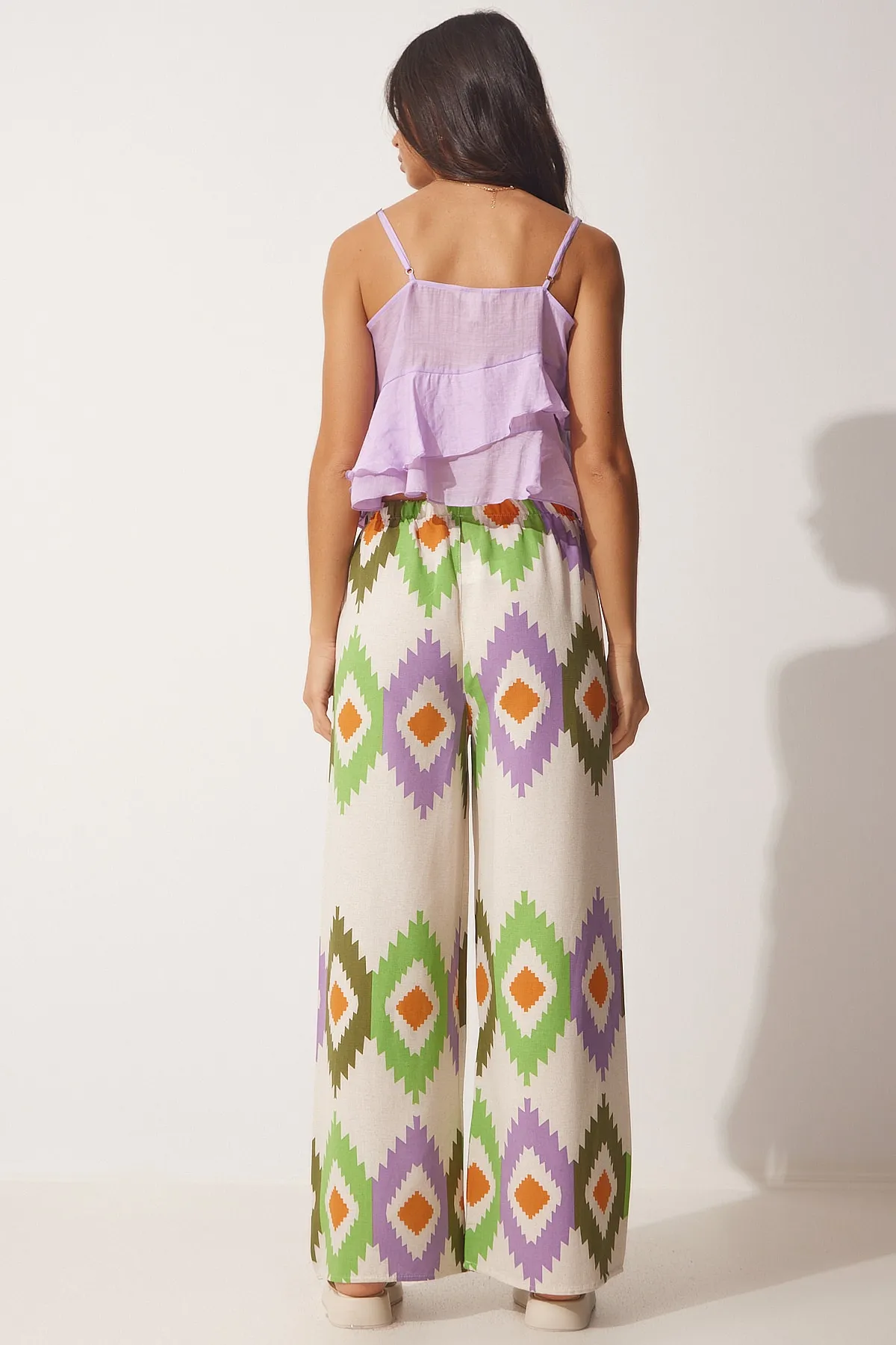 Happiness İstanbul  Grüne, cremefarbene, geblümte Leinen-Palazzo-Hose für Damen BH00385