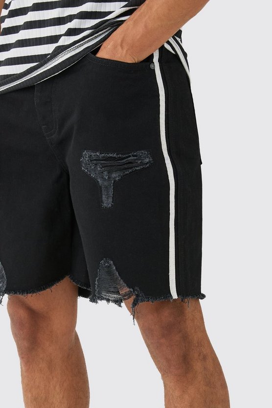 Lockere gerippte Jeansshorts mit Seitenstreifen