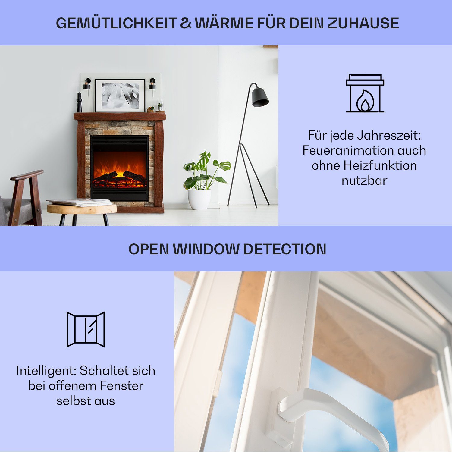 Klarstein Elektrokamin Lienz, elektrischer Kamin mit Heizfunktion Heizlüfter elektrischer Kaminofen