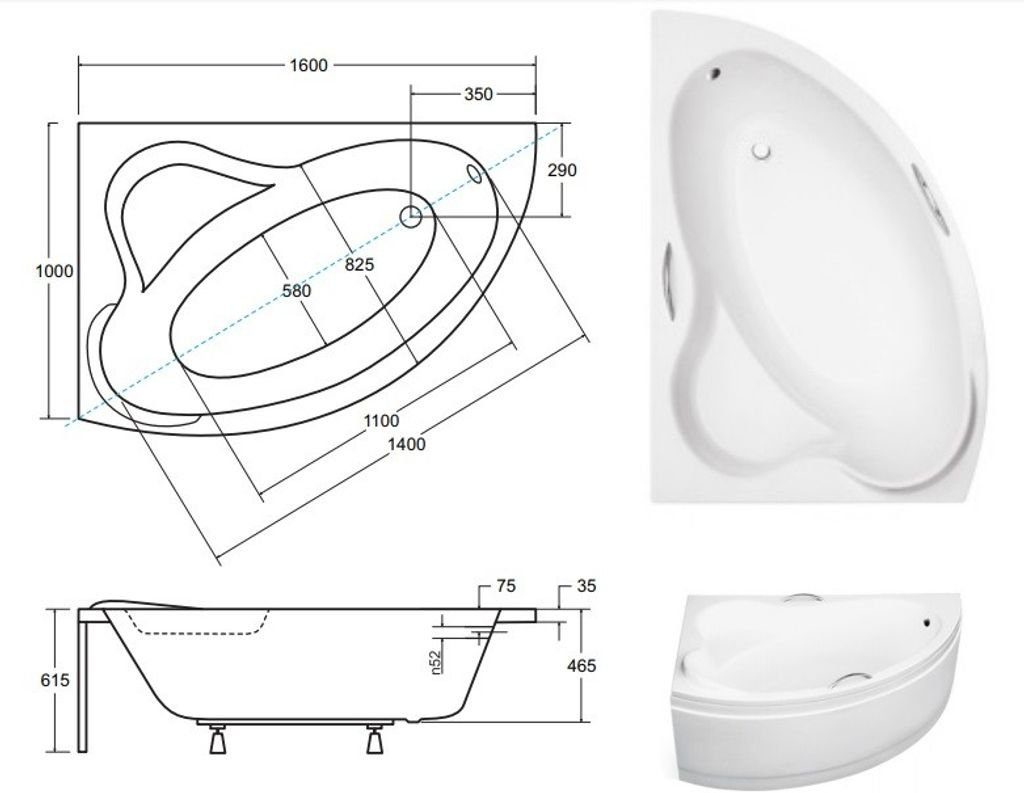 KOLMAN Badewanne Eckbadewanne Ada 160x100, (Links/Rechts), Handgriffen Acrylschürze Styroporträger, Ablauf VIEGA & Füße GRATIS