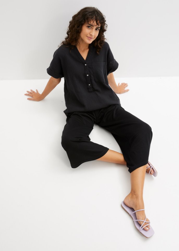 Musselin-Bluse mit Knopfleiste und Tasche