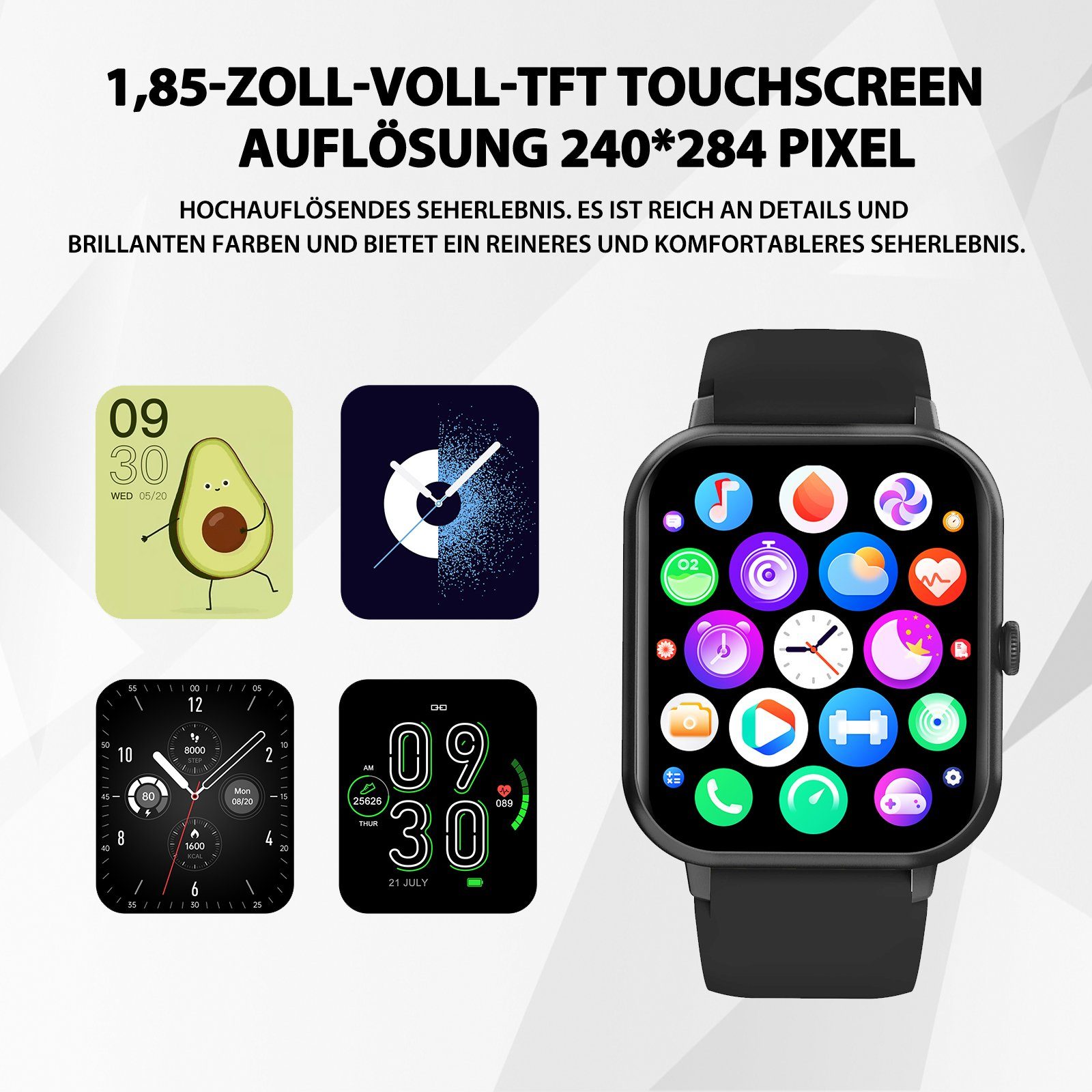 Yuede Smartwatch, Fitness Tracker uhr mit Anruffunktion für Damen und Herren Smartwatch (Quadratischer 1,85''-Voll-Touch-Farbdisplay Zoll Zoll) Gesundheits-Smartwatch mit Blutsauerstoff, Blutdruckmessung, Herzfrequenz, Schlafqualität, Schrittzähler,