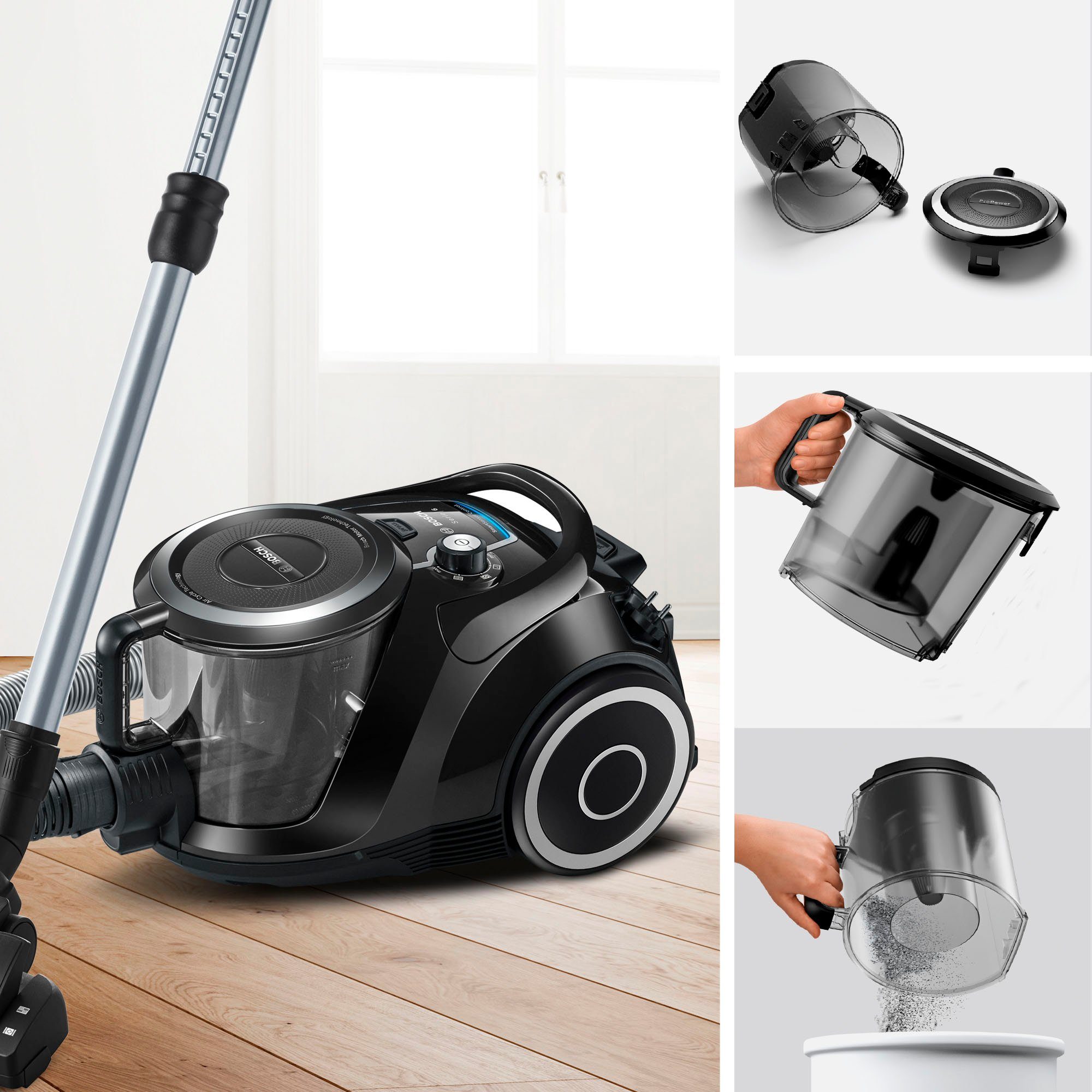 BOSCH Bodenstaubsauger BGC41XSIL, Serie 6, schwarz, 700 W, beutellos, extra leise (68 dB), langes Kabel