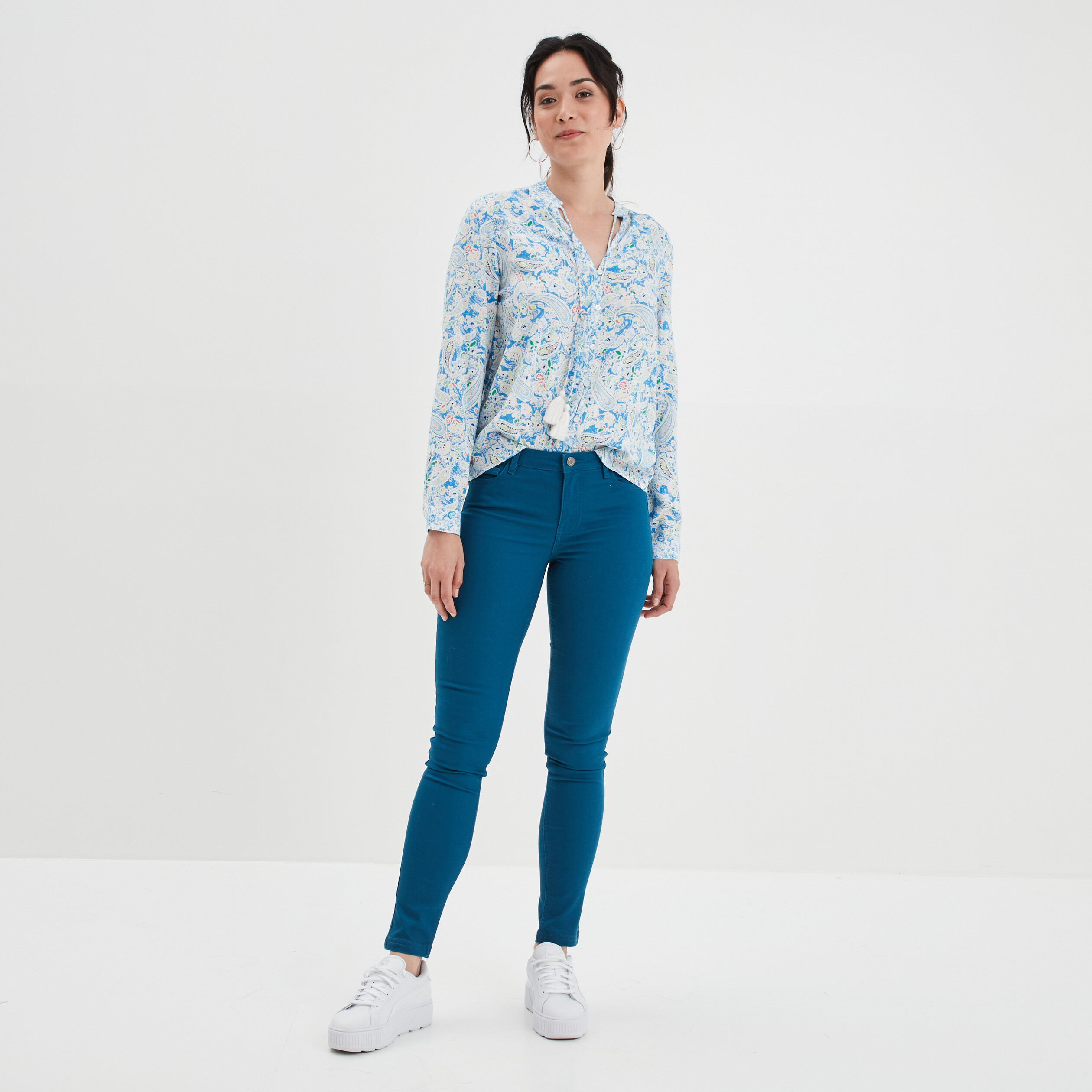 Chemise col cordons à pampilles blanc femme | La Halle