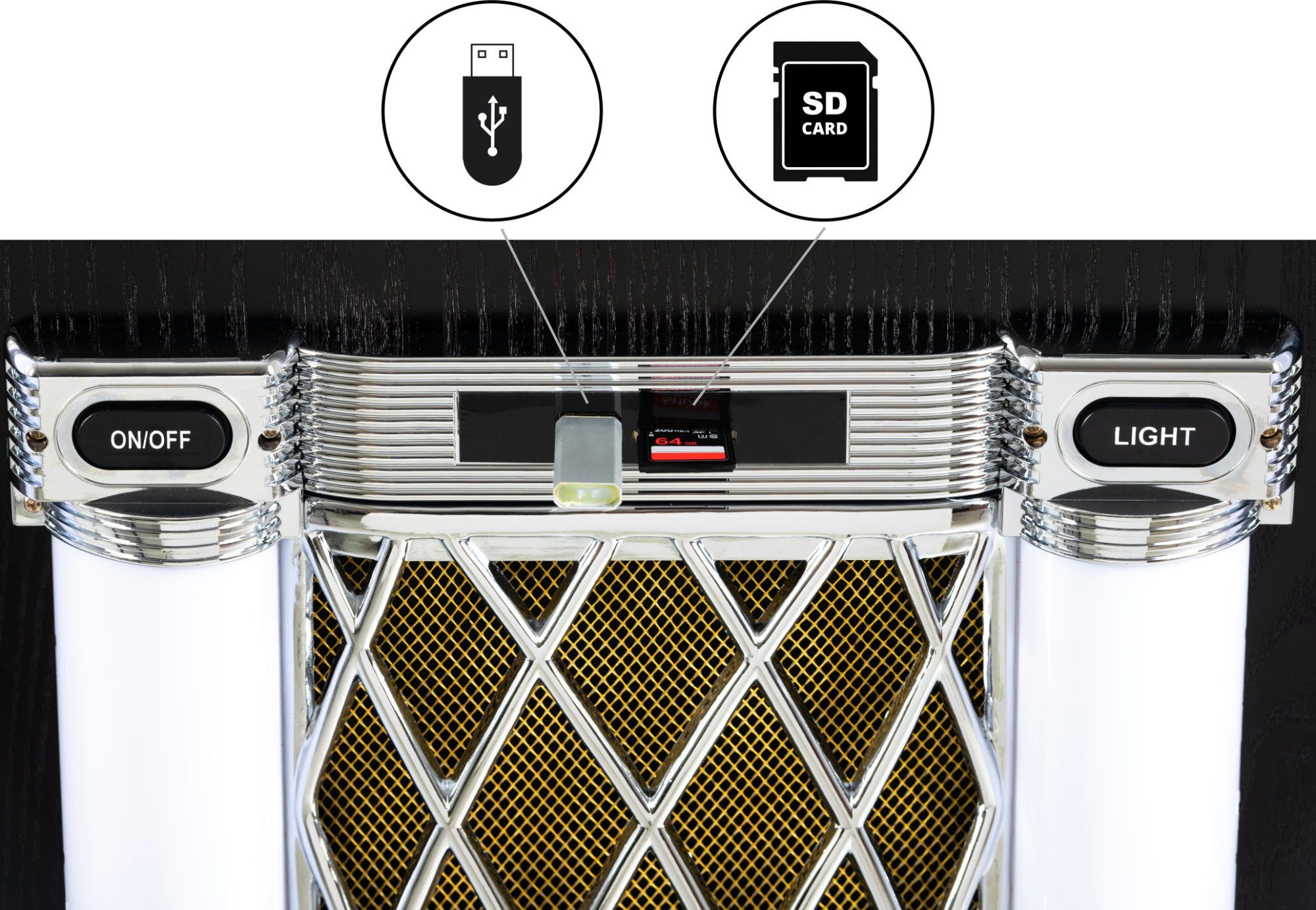 Beatfoxx GoldenAge 40er/50er Jahre Jukebox Stereoanlage (UKW/MW-Radio, 60 W, Retro Musikbox mit LED-Beleuchtung, CD-Player, Bluetooth, USB-SD, AUX)