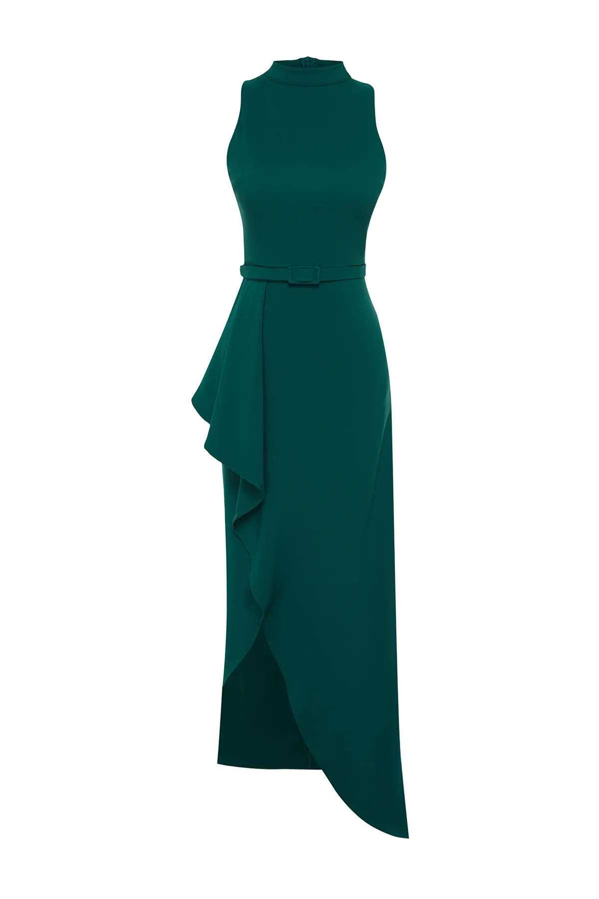 Trendyol Collection  Smaragdgrünes, langes, elegantes Abendkleid aus Webstoff mit Volantdetail und Gürtel TPRSS24AE00146