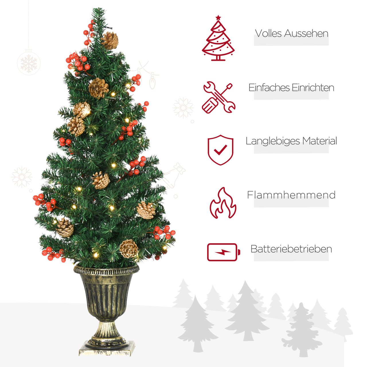 HOMCOM 4-teiliges Set Weihnachtsschmuck Haustür Deko Weihnachtsdekoration-Set mit LED-Beleuchtung inkl. 2 Weihnachtsbäume, 1 Weihnachtskranz, 1 Weihnachtsgirlande
