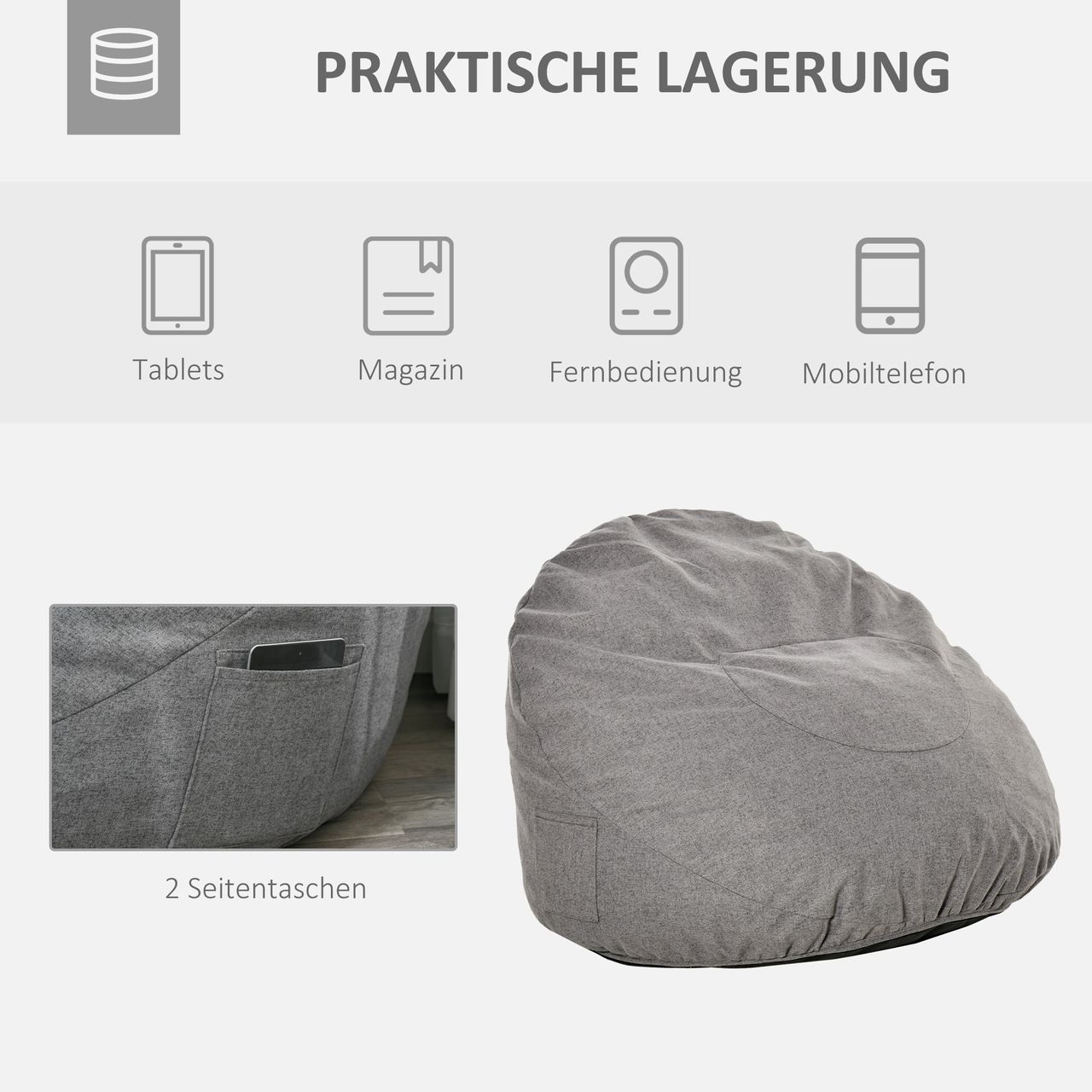 HOMCOM Sitzsack aufblasbares Sofa Bodensessel Sitzkissen gepolstert Polyester-Gewebe Schaumstoff-Füllung Dunkelgrau Ø115x71 cm