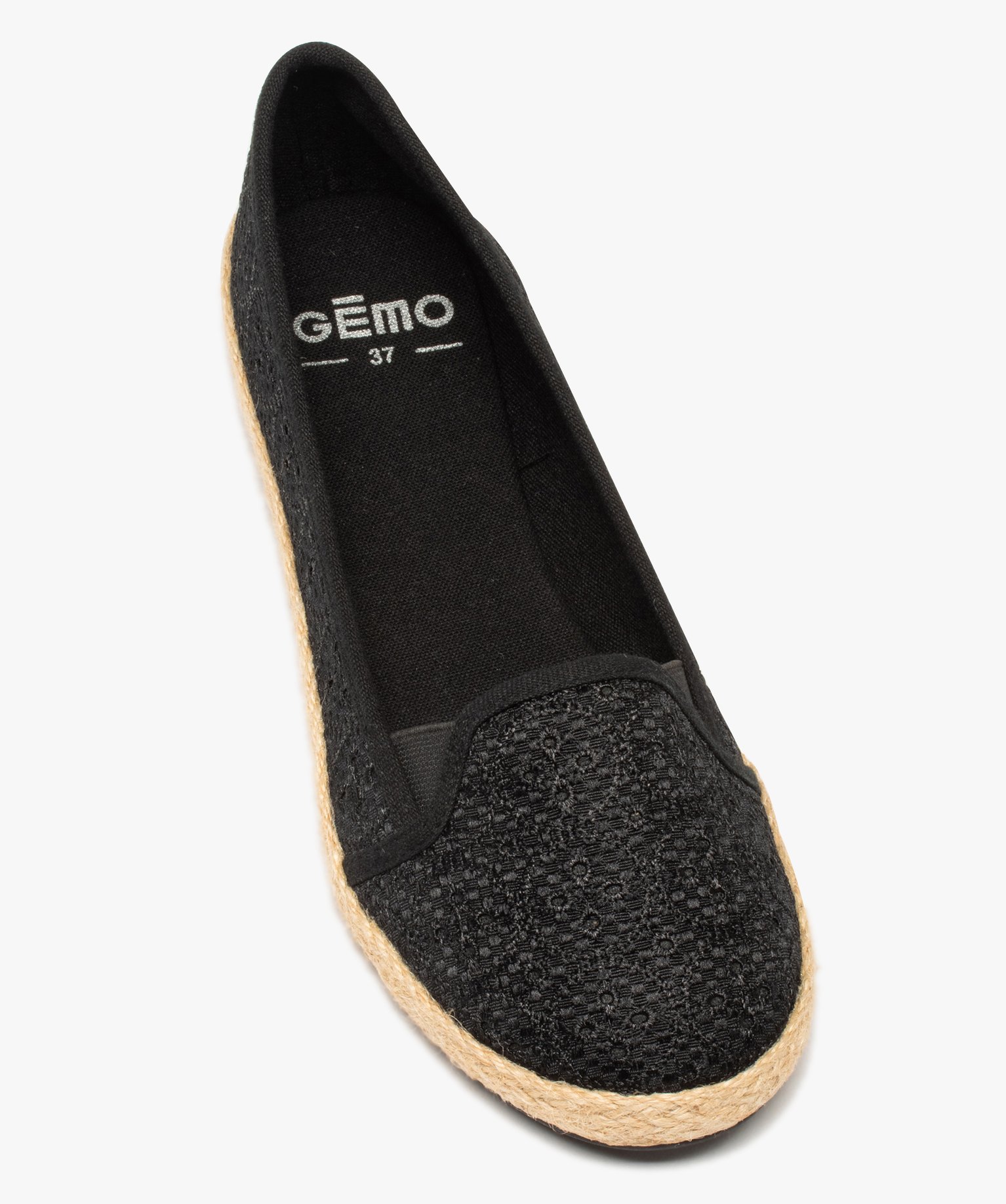 Ballerines femme en toile brodée avec semelle en corde noir | GEMO