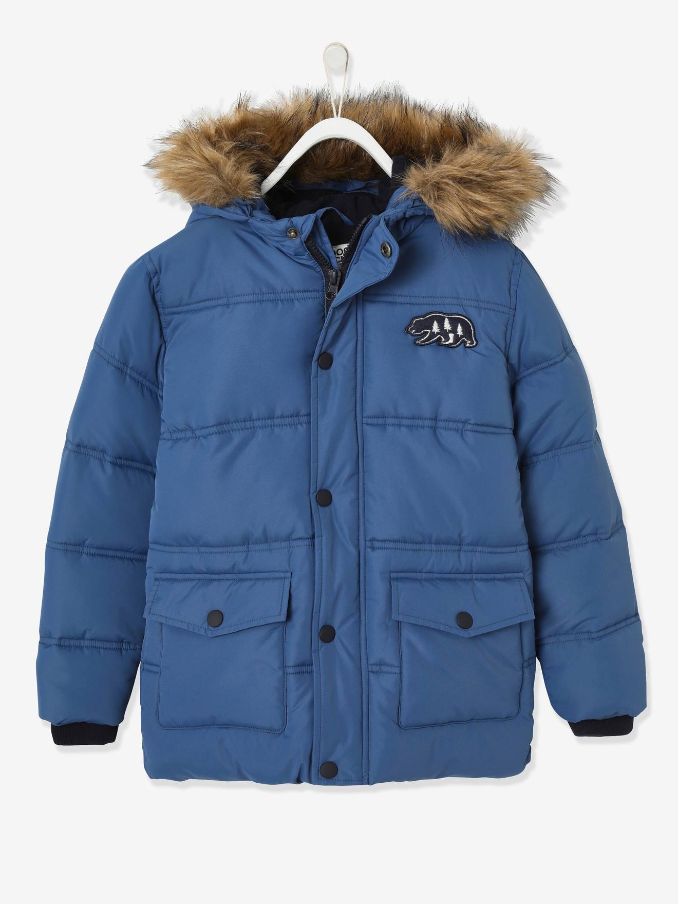 Doudoune longue à capuche garçon et ses moufles/ gants assortis bleu