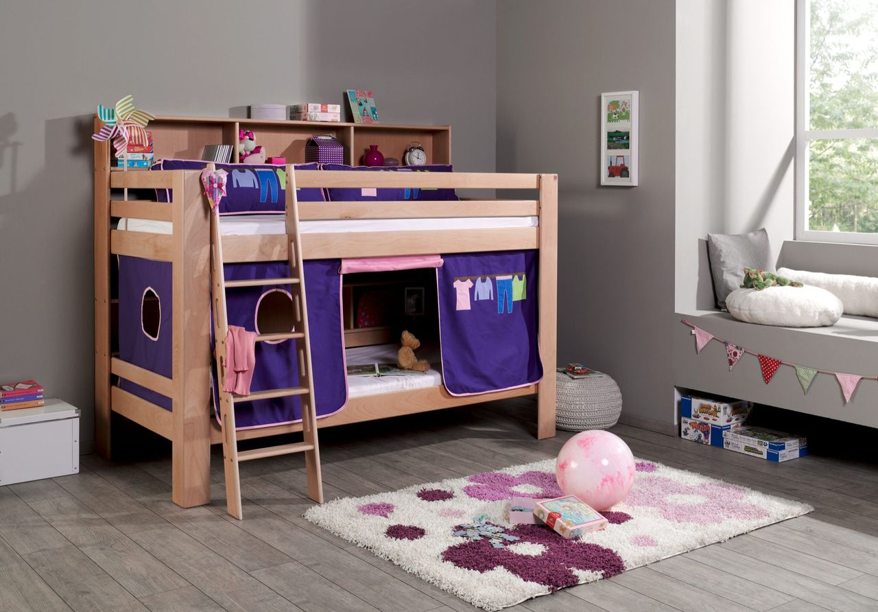 Relita Etagenbett Jan mit Bücherregal und Vorhang rosa/violett Kleider