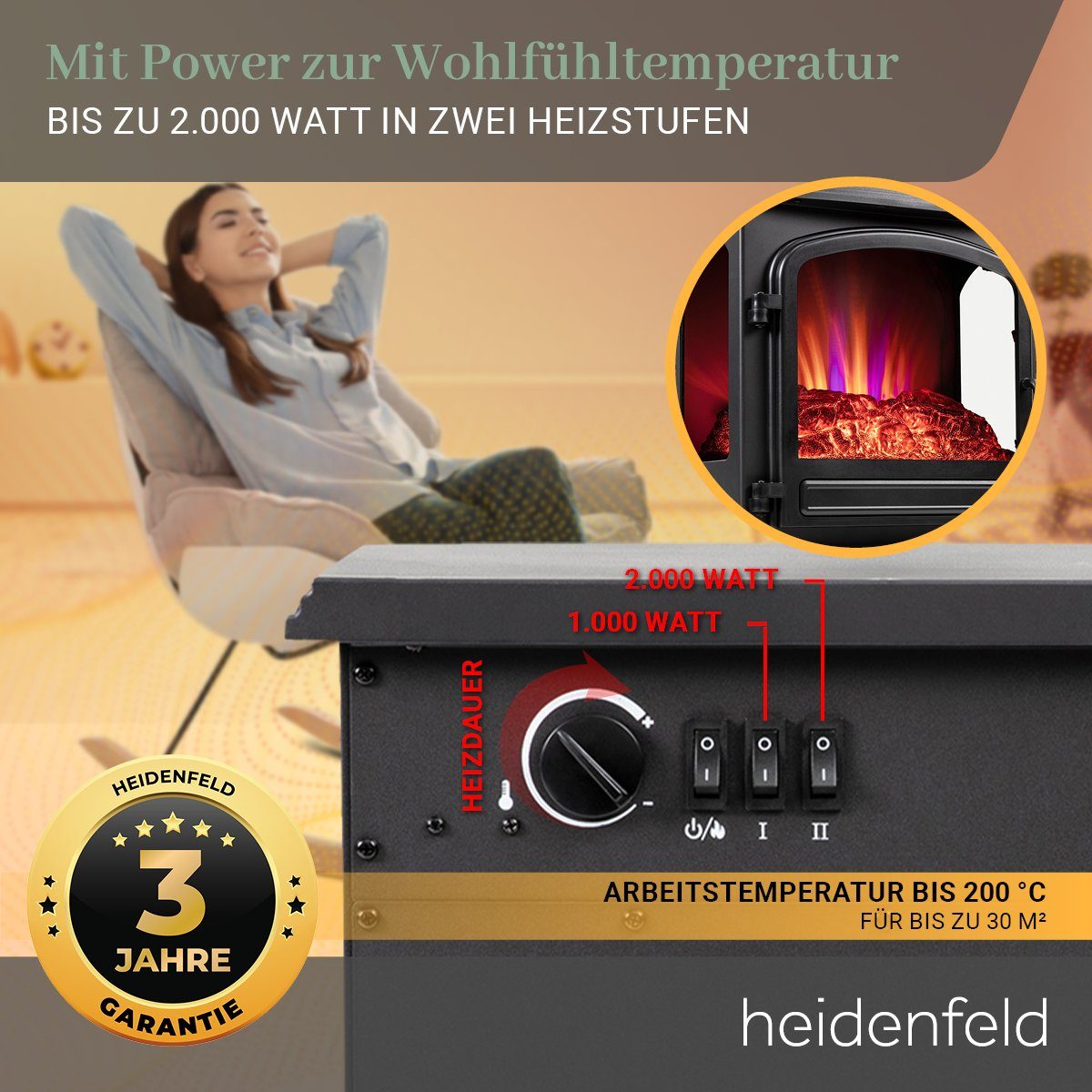 Heidenfeld Elektrokamin Kamin Heizung Standkamin EK100 2000 Watt inkl. 3 Jahre Garantie, 3D Kaminfeuer- Dreiseitige Glasfront - Kaminofen - Elektroheizung