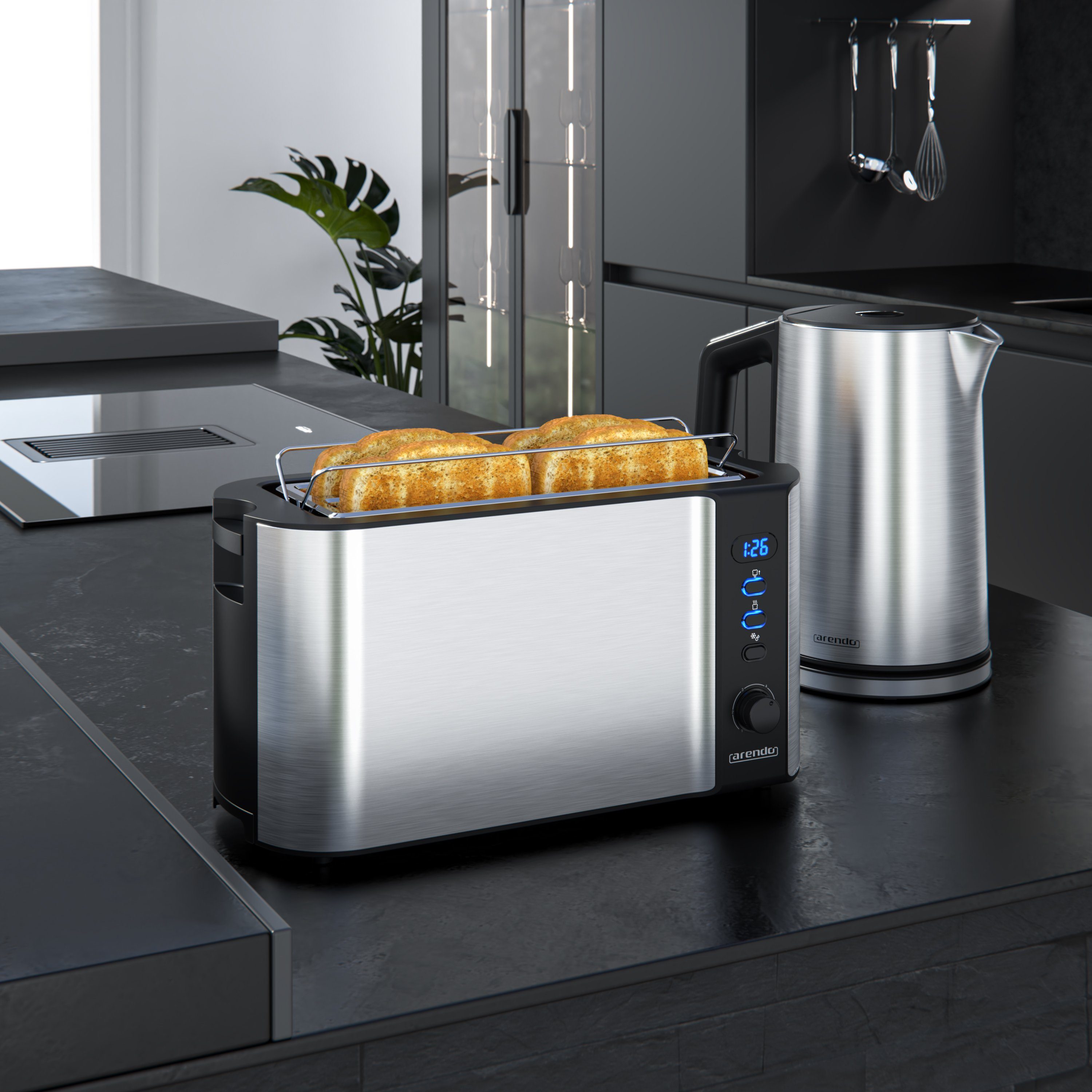 Arendo Frühstücks-Set (2-tlg), Edelstahl Wasserkocher 1,5l, 4-Scheiben Langschlitz Toaster, Silber