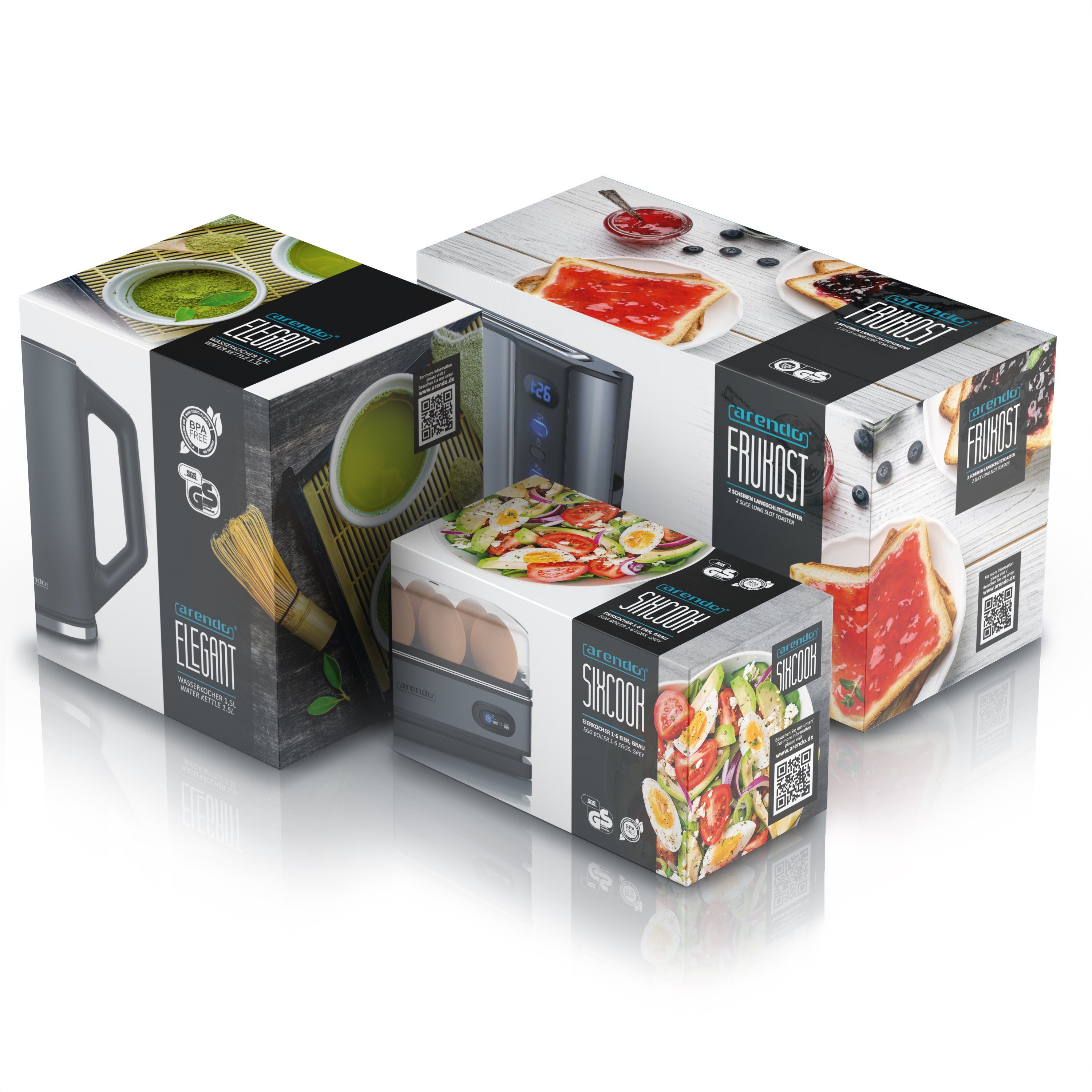 Arendo Frühstücks-Set (3-tlg), Wasserkocher 1,5l / Langschlitz Toaster / Eierkocher, Edelstahl, Grau