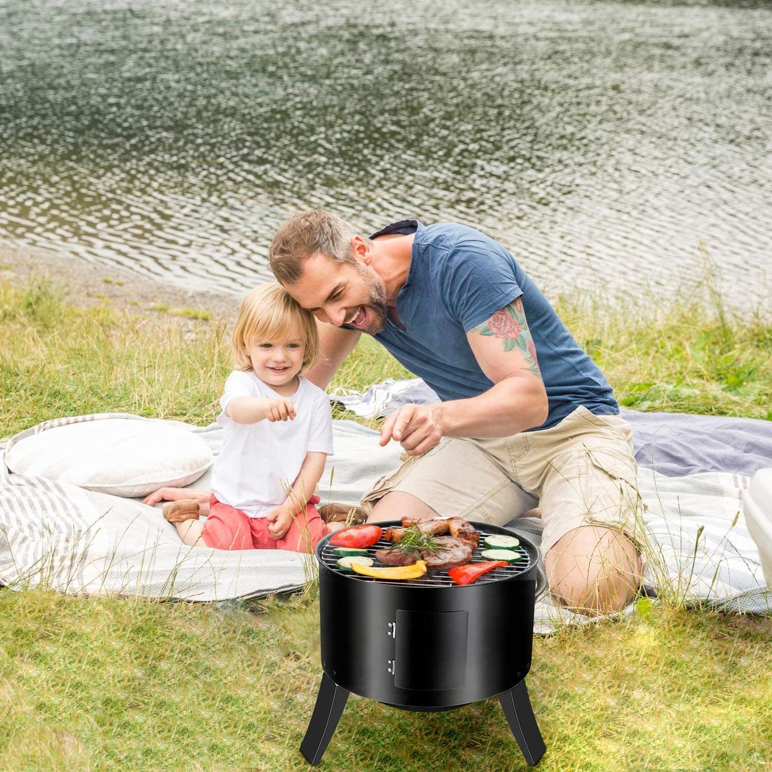 TLGREEN Smoker, Räucherofen, Räuchertonne, Ø44,5x80 cm, 3-in-1 Holzkohlegrill