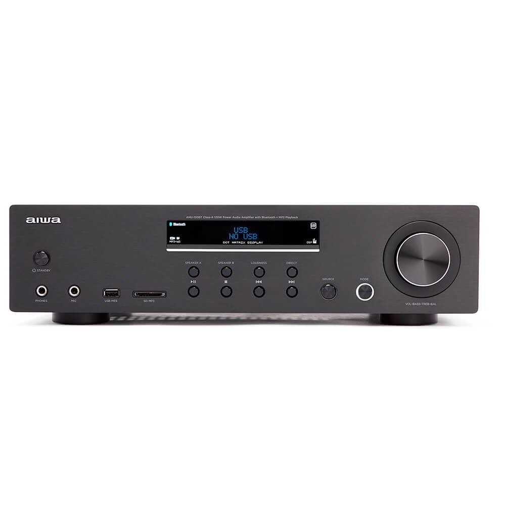Aiwa AMU-120BT AV-Empfänger und -Verstärker, BT v5.0-Empfänger 2X 60 W Audioverstärker (Anzahl Kanäle: 2, 120 W, Tonregelung Bass & Treble unabhängige Einstellungen +/- 10dB, Kanaltrennung > 80 dB bei 1 kHz, Vollalphanumerisches 16-Zeichen x 2-Zeilen