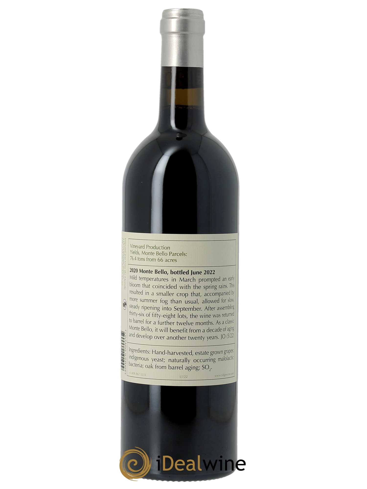 Santa Cruz Mountains Monte Bello Ridge Vineyards  2020 - Lot de 1 Bouteille