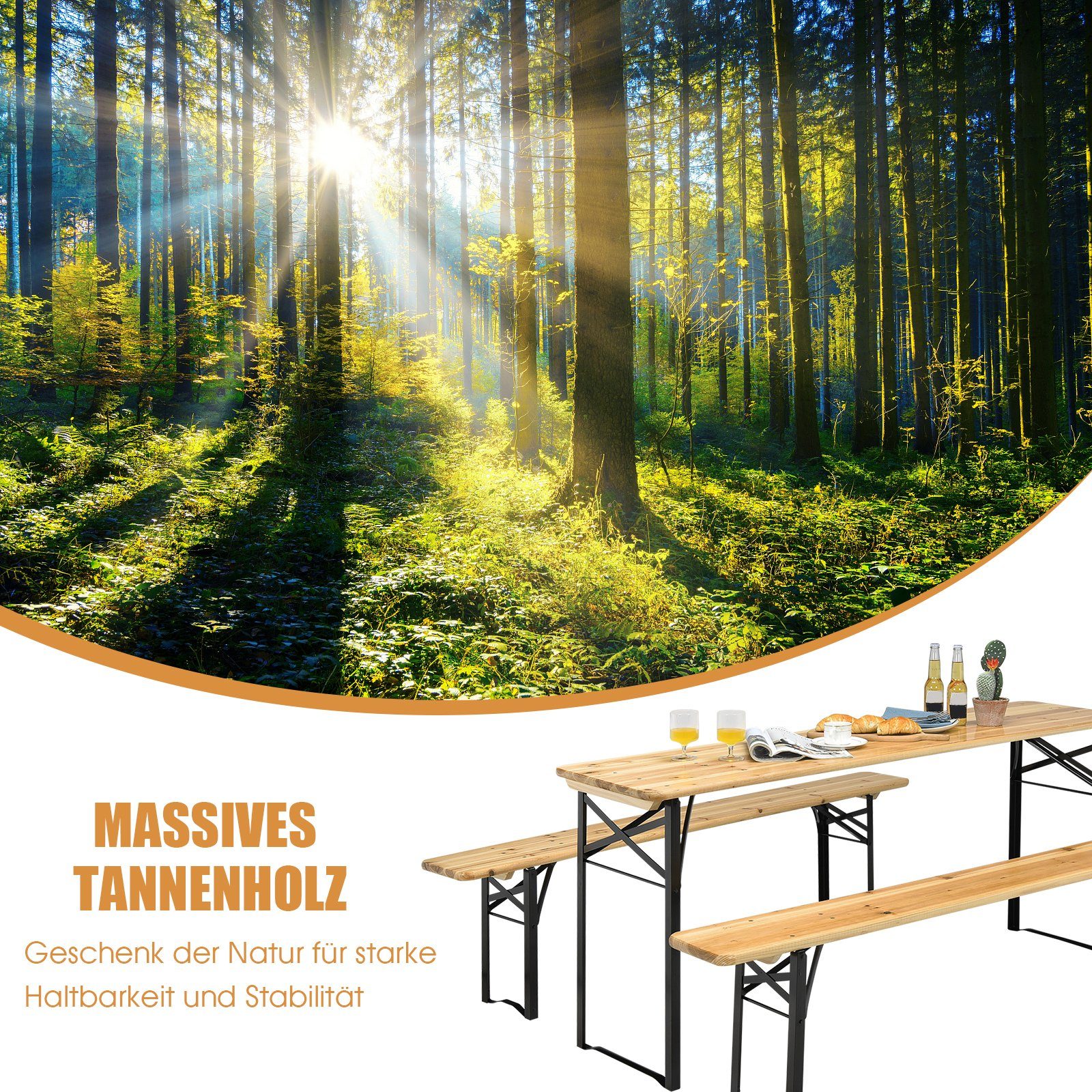 COSTWAY Bierzeltgarnitur, (3-tlg), Campingtisch Metallrahmen, 178x46x76cm