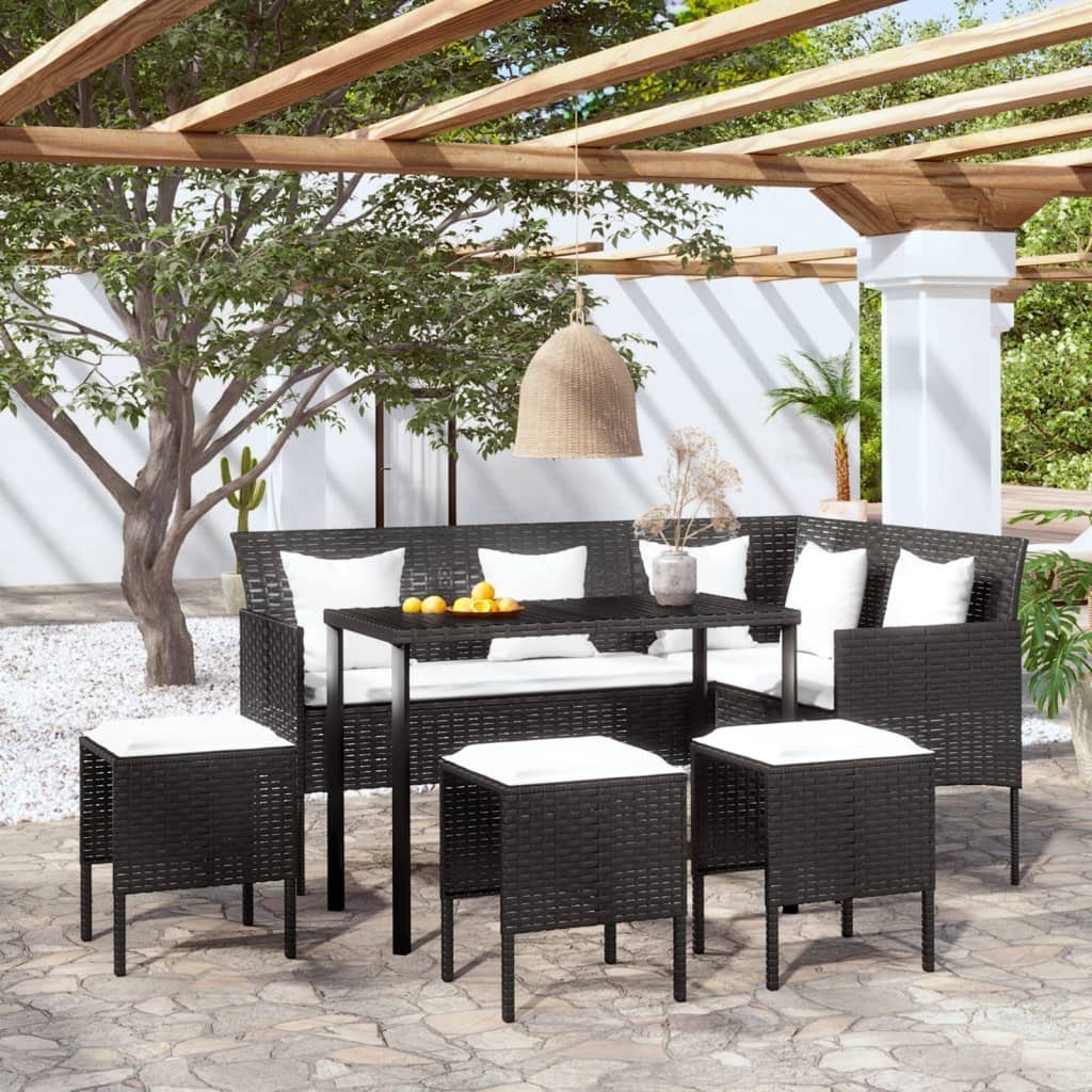 vidaXL Gartenlounge-Set 5-tlg. Sofagarnitur in L-Form mit Kissen Poly Rattan Schwarz, (5-tlg)