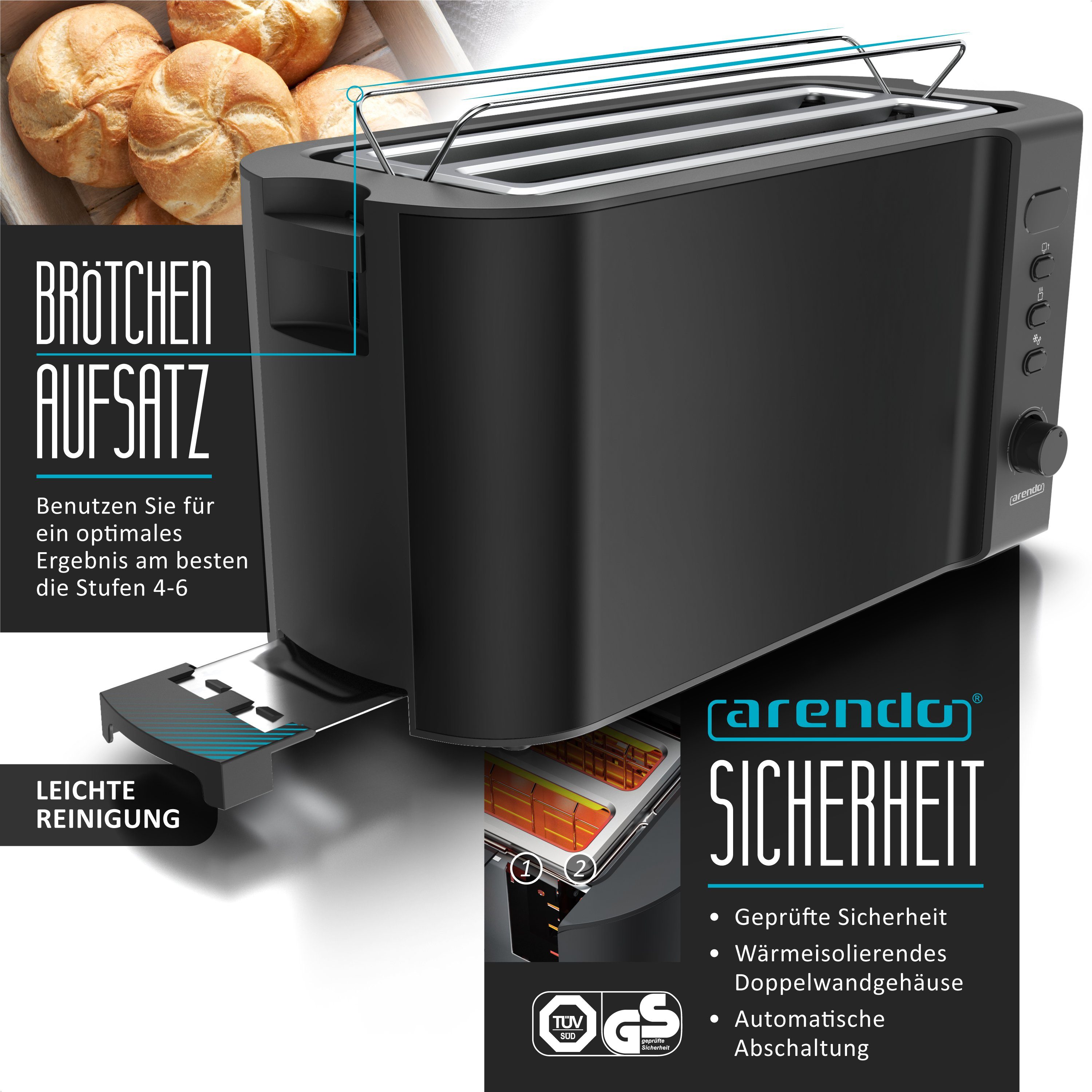 Arendo Frühstücks-Set (2-tlg), 4-Scheiben Langschlitz Toaster, 6er Eierkocher, Schwarz