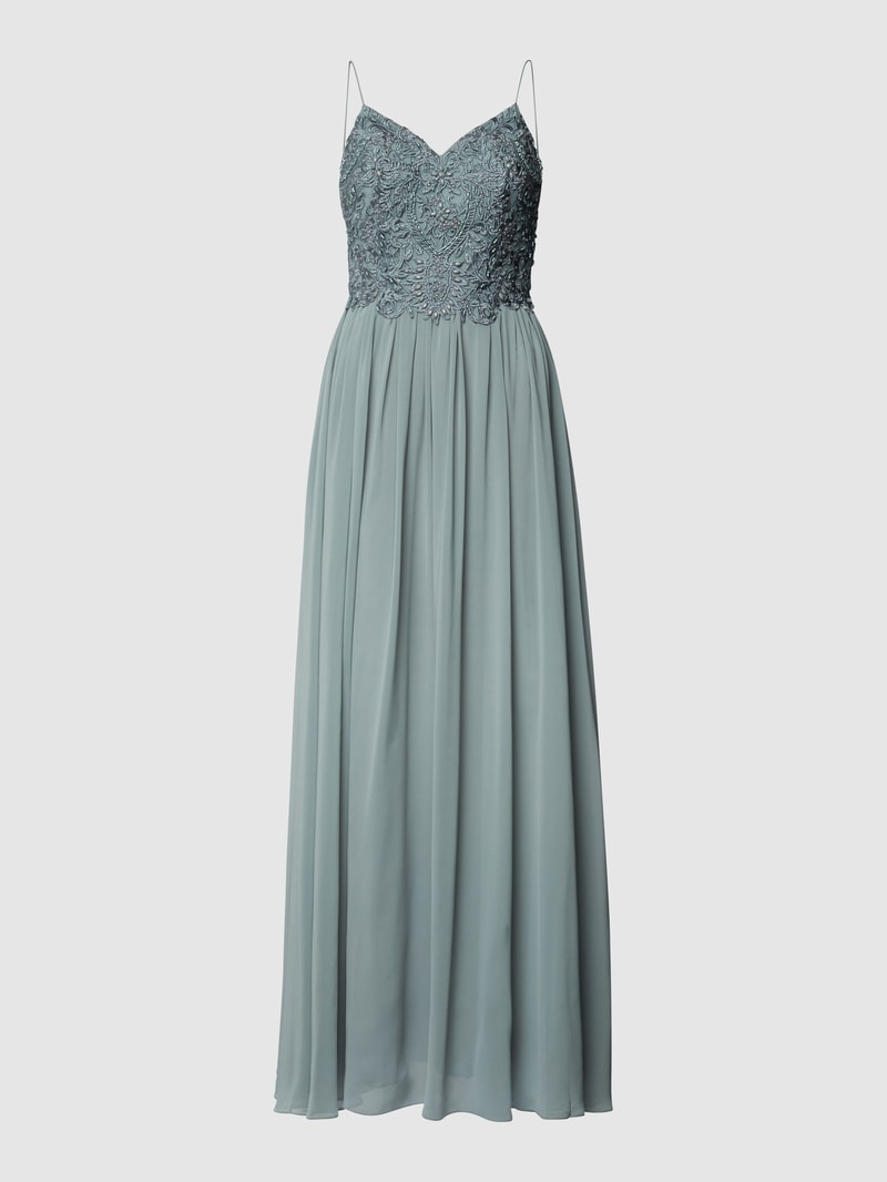Abendkleid mit floralen Stickereien und Zierperlen in schilf