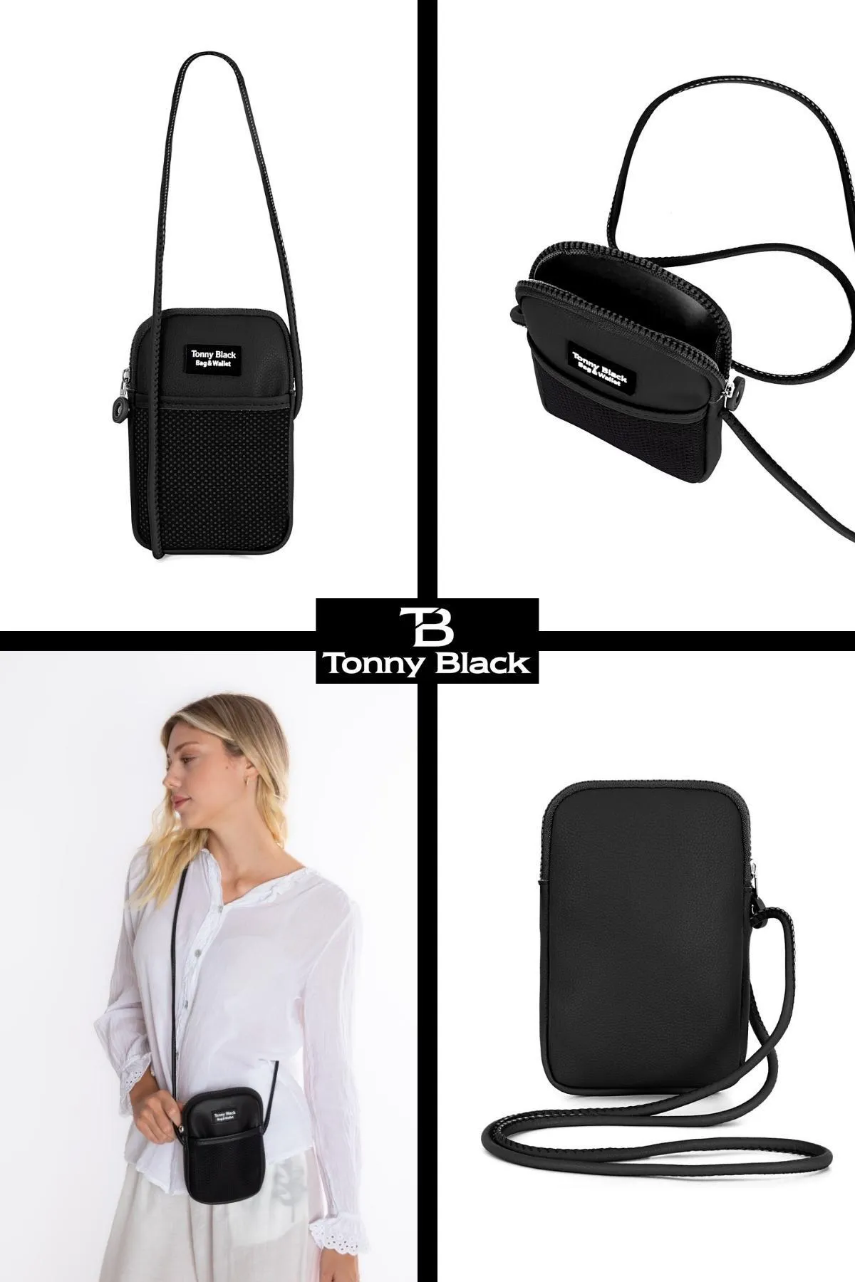 Tonny Black  Original Handyfach, kreuzverstellbarer Riemen, Netz-Augen-Handyhalter mit Reißverschluss, Umhängetasche