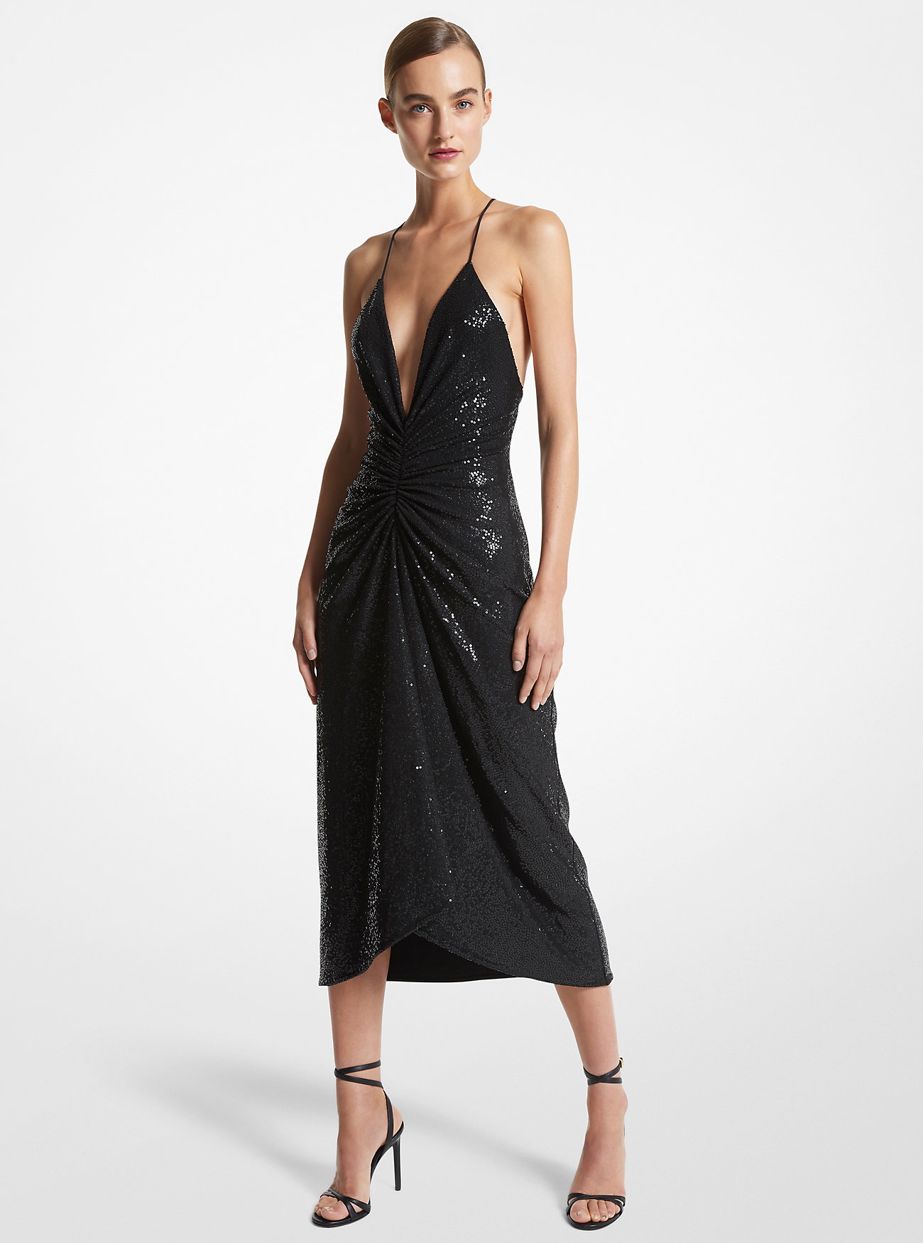 Abito a cascata in jersey elasticizzato con paillettes ricamate a mano - NERO