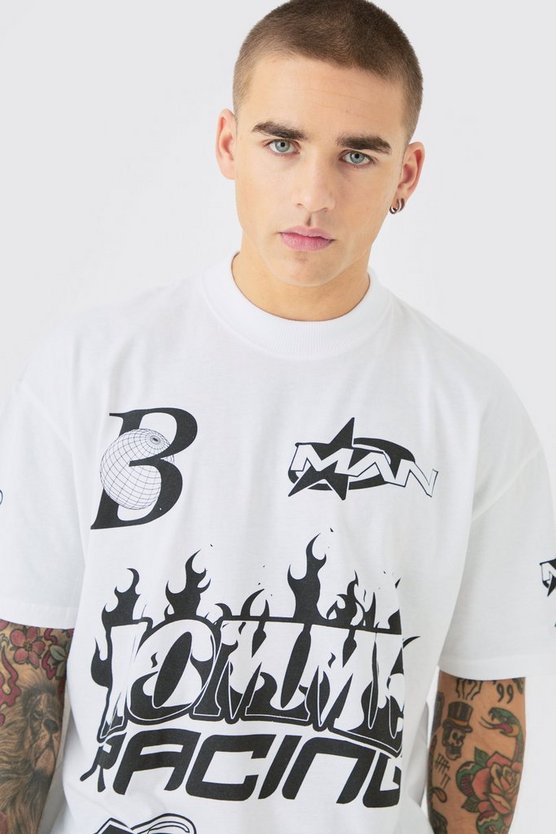 Kastiges Oversize T-Shirt mit Homme Moto Print